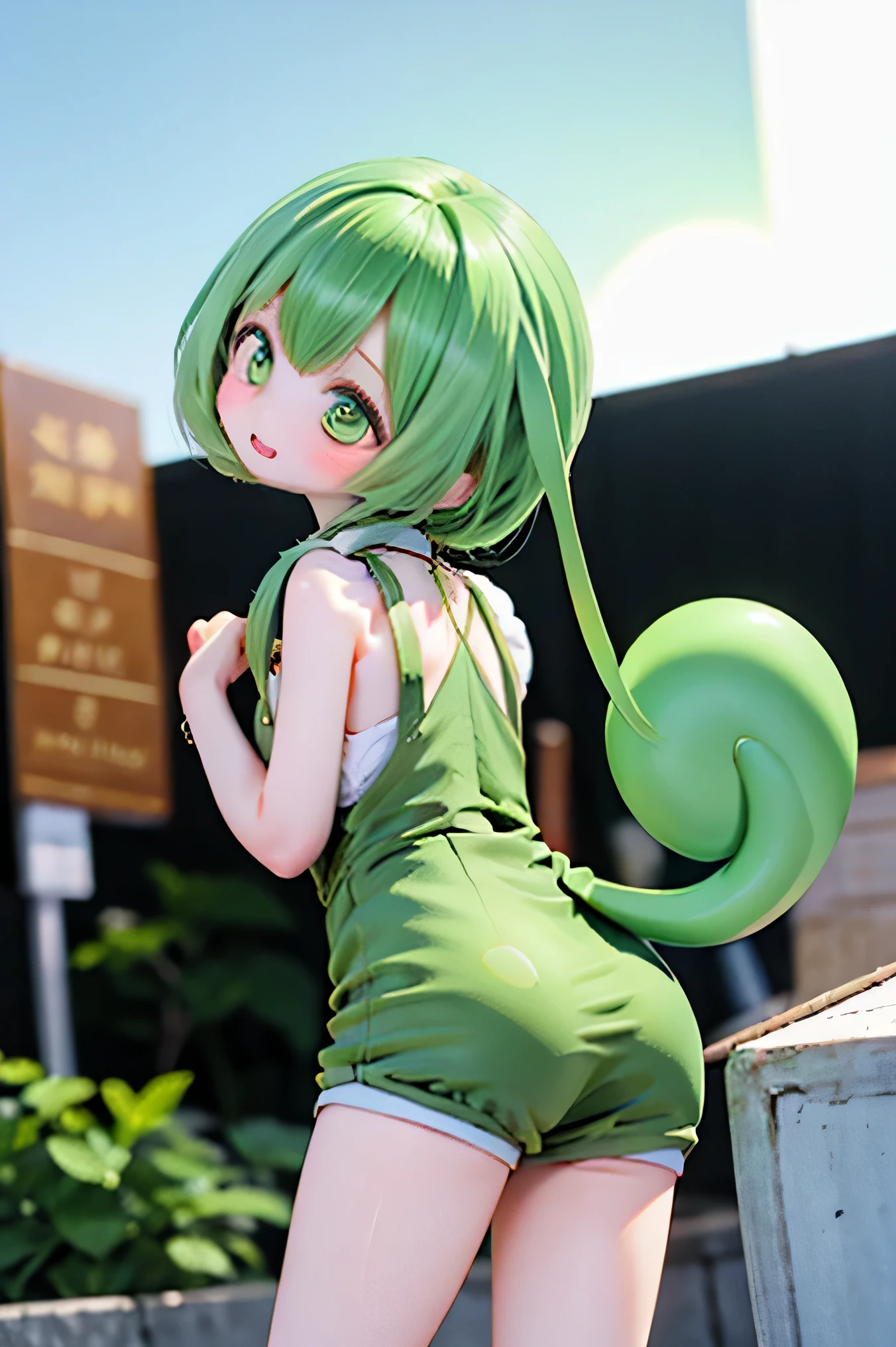 cute green-haired zundamon in playful pose, turn your back here on the rooftop , Exquisite Details , surreal , Photoreal , 8k, masterpiece , is high resolution, bright color, Soft Light , Natural Light, 、 warm palette , amazing , Nikon Z7 IIミラーレスカメラで撮影したamazing映像 , cute , cuteデザイン , , Heartwarming、Edamame、 Naked、DOWNTOWN execution make a bad face(((((young lady))))))long hair (((((One Piece))))))