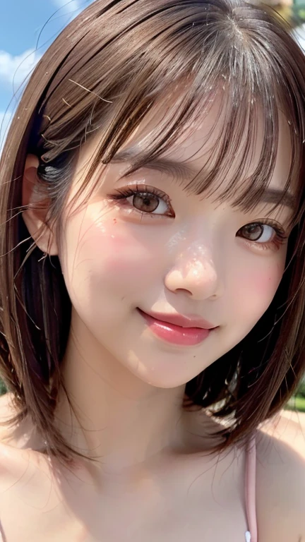 (((Shoulder length straight brown hair mini bob)))、(((目が細くLight eye makeup)))、(((She is posing like a hair salon model with Lanikai Beach in the background.)))、(((Random cute micro bikini)))、Half Japanese and Korean、18-year-old girl、independent、Look forward、Light eye makeup、Brown Hair Color、flat 、Hair blowing in the wind、quality of actress、Shiny, Ultra-realistic faces、smileの表情、Watery eyes、look up、Calming lighting effects、 Ultra-Realistic Capture、Very detailed、High resolution 16K human skin close-up。Skin texture must be natural、Must be so detailed that pores are visible、skin is healthy、Must be even tone、Use natural light and color、High quality photos taken by a modeling agency&#39;Exclusive photographer、smile
