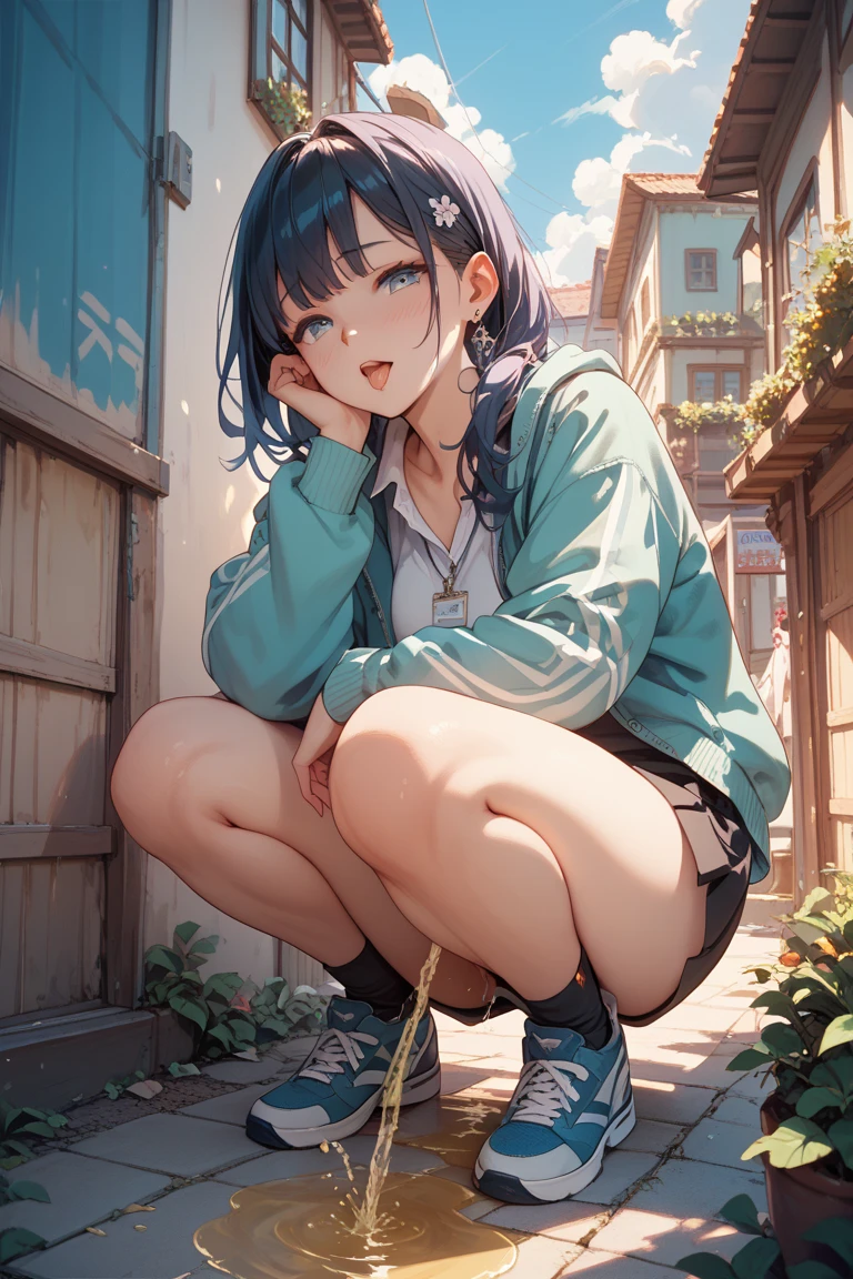 ((perfect whole body)), melancholy, quiet, calm, bright, masterpiece, best quality, 1girl, (JinxLol:1.2), (ultra photorealistic:1.3), (masterpiece:1.4), best quality, ((realistic)), high quality, ultra detailed, ((real image)), ((realistic skin)), ((realistic face)),(illustration:1.05), (beautiful:1.05), (beautiful detailed eyes:1.05), (cinematic light:1.1), blue in the detachments, perfect whole body, slender silhouette, thin, small breasts, thick thighs, black and blue clothing, white sneakers