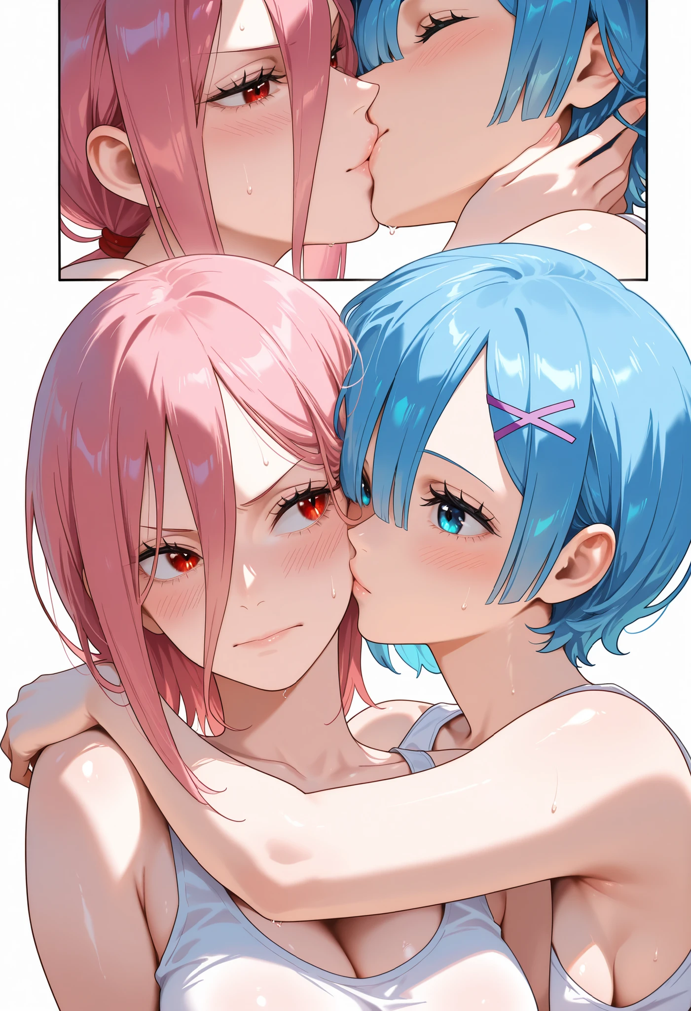 Highest quality、high resolution、A short girl with sky blue hair、A short girl with pink hair、Small breasts、Kissing each other、Embrace、naked、Stick your body together
