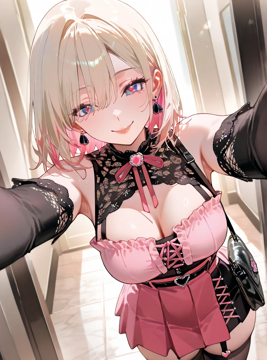 masterpiece, best quality, highres, hs1, light pink eyes, bare shoulders, long sleeves, cleavage, (blonde hair), short hair, scene hair, blunt bangs, pink streaks in hair, (streaky hair), bowtie, red ribbon, huge breasts, cowboy shot, from above, headband, close up, full smile, looking at viewer, jirai kei, simple background, necklaces, ear piercings, selfie, pink lipstick, choker