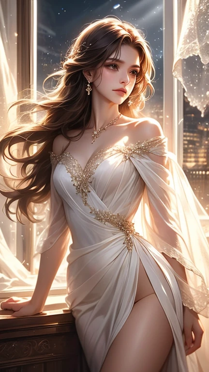 She stands gracefully in front of the city skyline, Her figure is outlined in the sunset. Double exposure effect creates an ethereal atmosphere, Blending cityscapes with the delicate beauty of nature. The background consists of tall skyscrapers, The golden glow reflecting the setting sun. She is in the limelight, Her white gold gown shimmered against the warm tones of the sky. The intricate details of her dress accentuated her fair complexion, Adds a touch of elegance to the overall composition. When her long hair flutters gently in the wind, Her eyes exude mystery and confidence, Grab your audience's attention. High-quality images show the perfect balance of sharpness and softness, Ultra-fine painting techniques emphasize every intricate detail. Photorealistic renderings bring her presence to life, As if about to step out of the work of art，Step into reality. The colors used in this artwork are vivid and lively, Amplify the beauty of a scene and create a sense of awe. The lighting has been carefully adjusted，Create a harmonious blend of natural and artificial light, Allows shadows and highlights to enhance image depth and dimension.