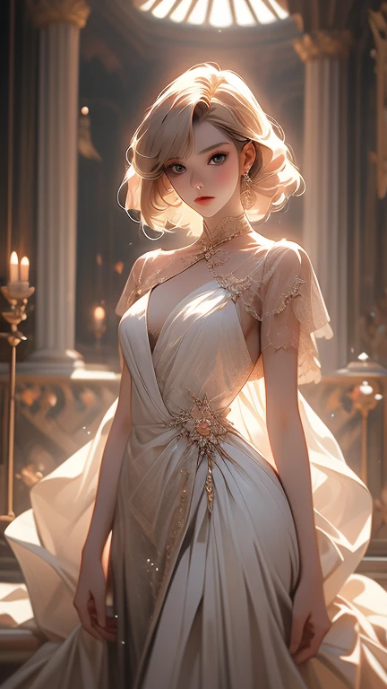A woman in a see-through gown with Margot Robbie's face, highest quality, Very detailed, 1 girl,Redhead, Long braided hair, Golden Eyes, bangs, Naked Women,Very small pointed breasts, White bikini swimsuit, Looks lewd,, (bad: 1.2),Exposing breasts, Looking at the audience,Spread your legs, (Face to face: 1.3), (Dark Background, rock: 1.3), Full Shot, Crisp contrast, Beautiful fine details,,White panties,High heels,,,I can see your underwear,Sleeping in bed,art,Doing M-leg movements