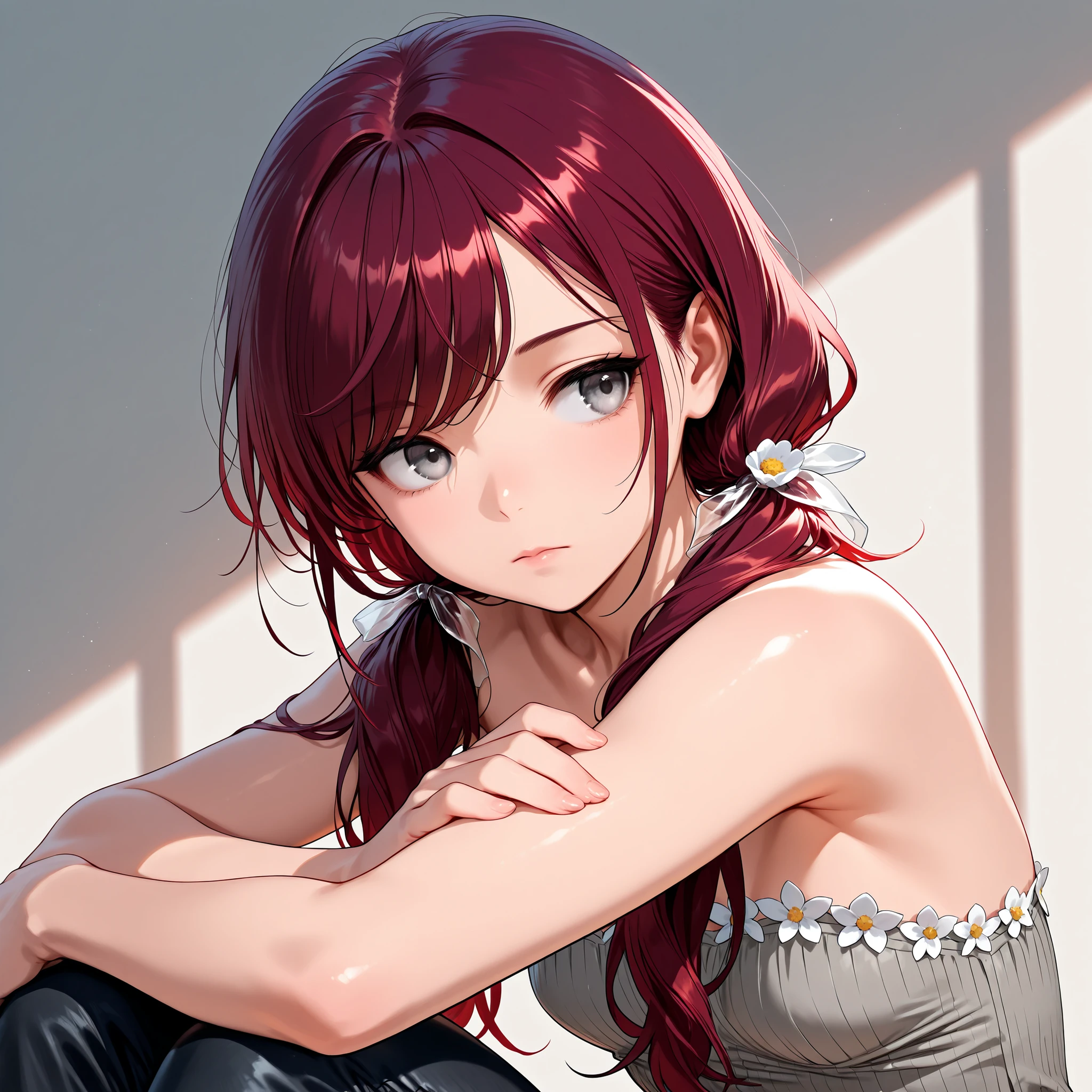 (masterpiece, best quality), solo, intricate details, JK, 1 expressionless girl, looking to the side, hand on own arm, beautiful face, Gray eyes, Dark red hair, long swept bangs, long hair in low twin tails, hair ribbons, translucent ribbons, strapless sleeveless shirt, gray shirt, shirt with flower trim, white flower trim, black jeans, small breasts, slightly toned arms, close up, portrait,