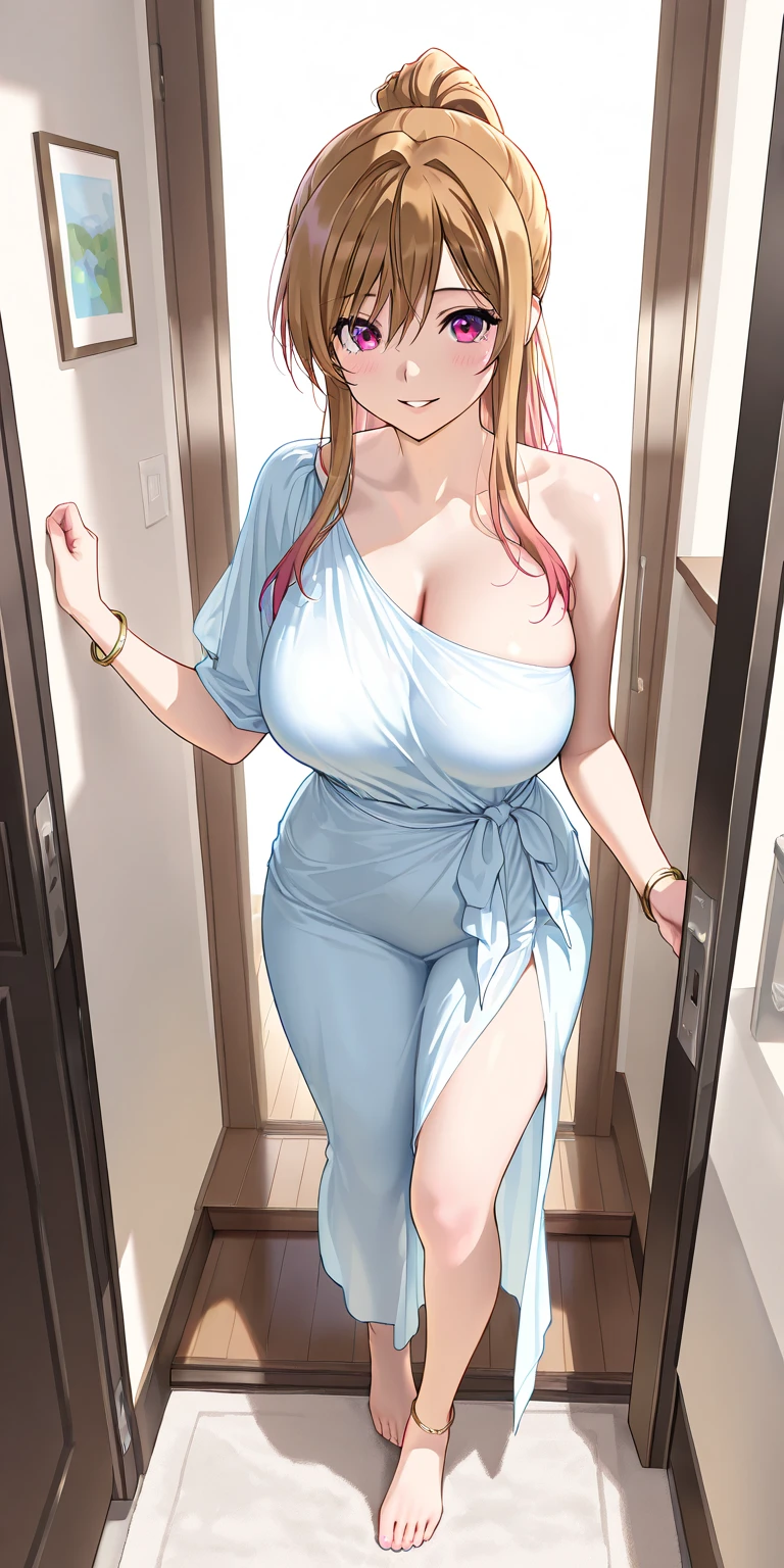 An extremely beautiful stunning busty woman, gold blonde long silky hair, big blue oceanic eyes, extremely super bright snow white fair stunning flawless glowing lush shiny white skin, and complexion, a perfect tight hourglass figure, wearing a short sexy loose revealing white floral dress with red flower patterns along with a red sash around the waist and a light brown off-shoulder cardigan, yellow heels, gold necklace on neck, black anklets on feet, standing straight, show full body from head to feet.