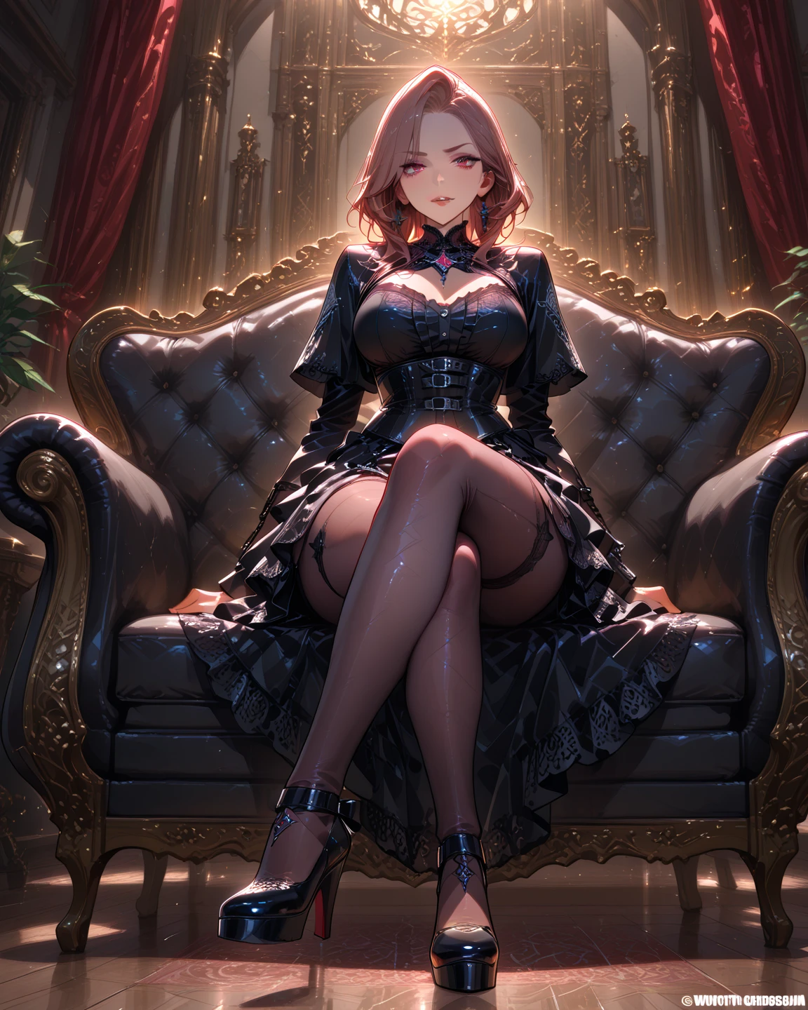 Tesla, 1900, has designed a throne of power (It has a Tesla coil on either side, electricity dances through the lab and across the coils), a lovely woman in an intricate dress sits on the throne and looks worried (her hair is electrified and standing straight out)
