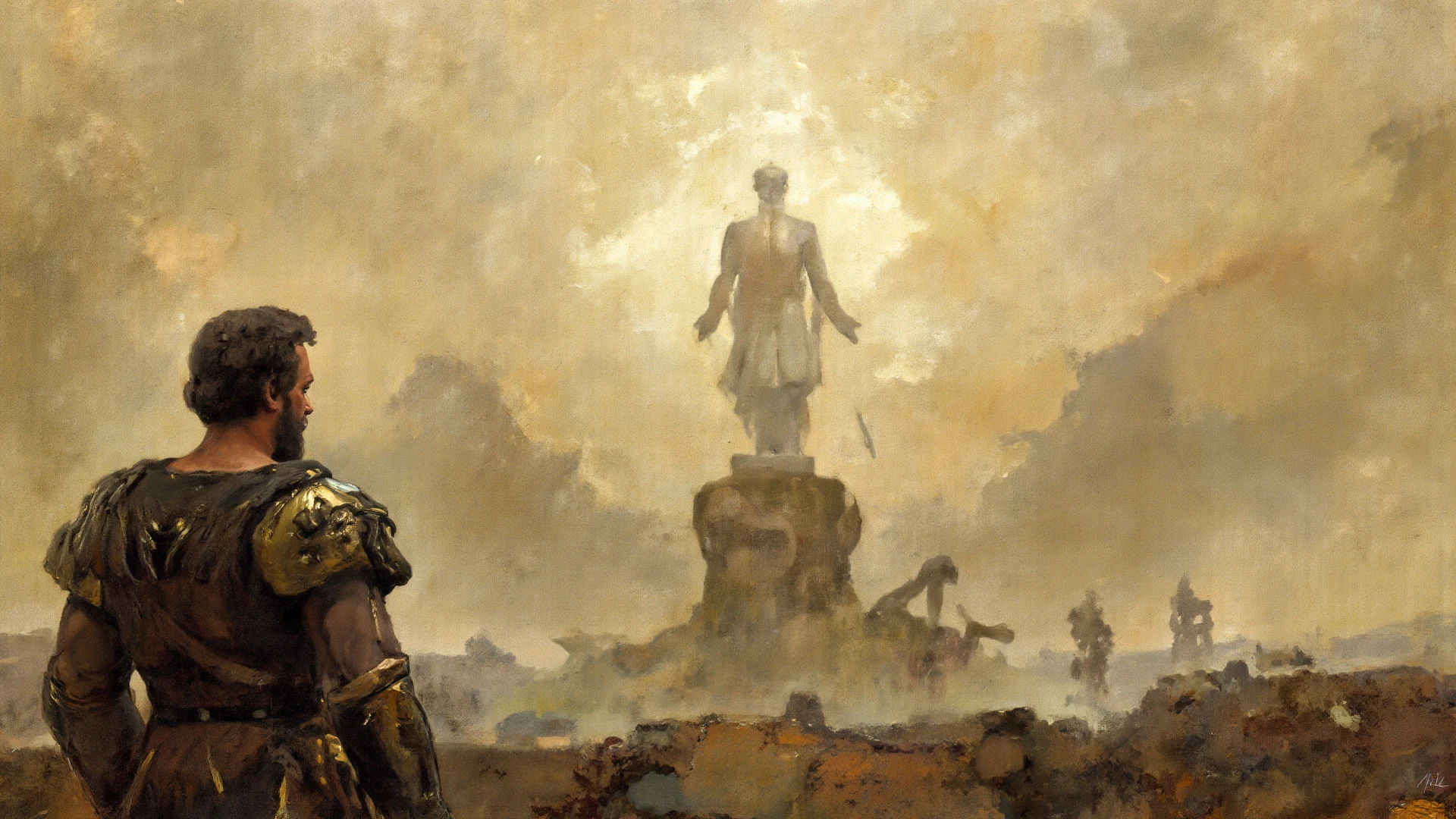 Fallen and defeated Greek hero of the Iliad ,dark scenery ,estilo renascentista