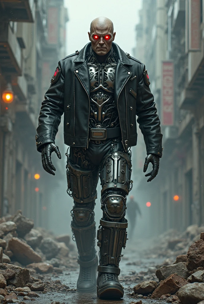 The Terminator walks with a determined gait along the wide avenue,he has clothes made of steel, Jacket, trousers, on the head is a steel helmet,gloves, his super-motorcycle stands to the side,fantasy, 3D