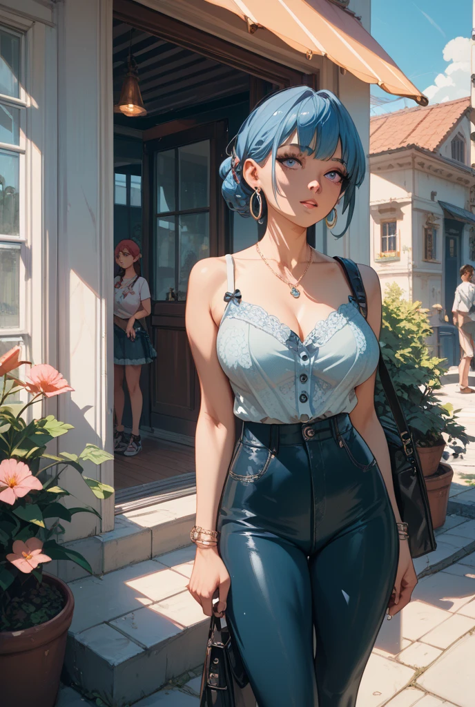 "Full body shot of a girl with blue hair, styled in a bold and edgy fashion. She’s in a trendy coffee shop, casually seated at a wooden table with a latte in front of her. The background features the cozy, eclectic decor of the coffee shop, with warm lighting and quirky decorations. Black bra, ripped skinny jeans, and bare veiny feet with blue nail polish. Bare shoulders, fit body,veiny shoulders. Her expression is confident and cool, reflecting her unique style and personality."