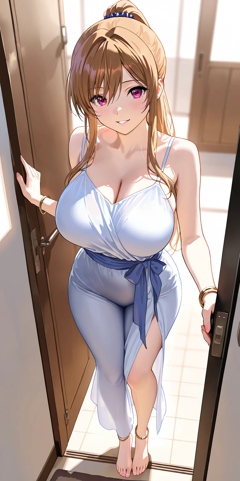 An extremely beautiful busty mother, age 26, gold blonde long silky hair, blue oceanic eyes, extremely super bright snow white fair stunning flawless glowing lush shiny white skin, and complexion, a perfect tight hourglass figure, a thick plump ass, cleavage, and perfect hips, wearing a short loose blue revealing floral dress with a white off-the-shoulder cardigan, yellow heels, jewelry on the neck, gold bangles on her wrist, and silver anklets on her legs, gold chain on the waist, a cute adorable smile on lips, pink lips, pink nails, roses on hair bun, standing straight, hands joined together, looking at the viewer, big hallway in the background, day time, show full body from head to feet.
