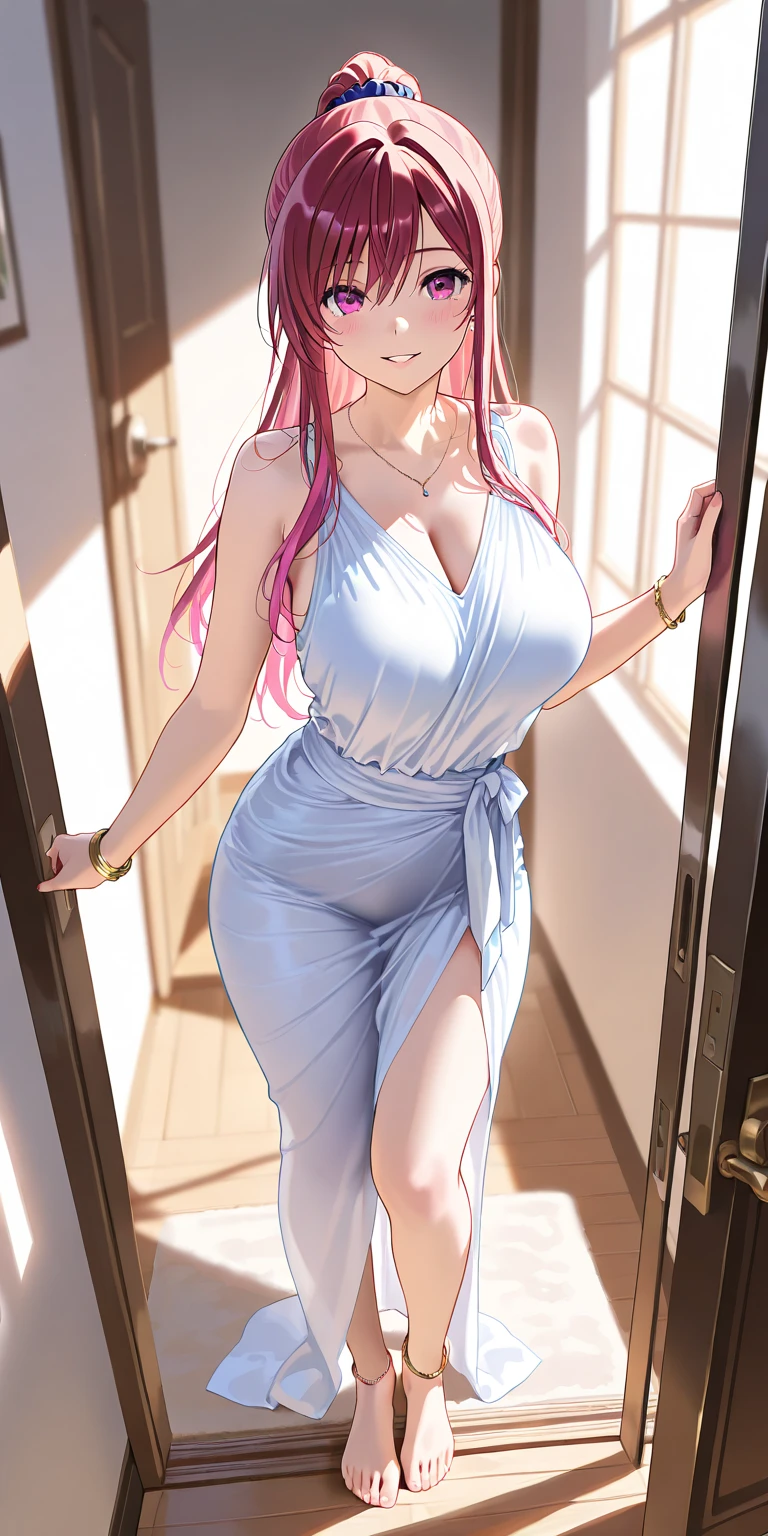 punk sorceress, long blue dress, leg slit, panty shot, panty slip, wardrobe malfunction, pink panties, blonde hair, areaola, walking