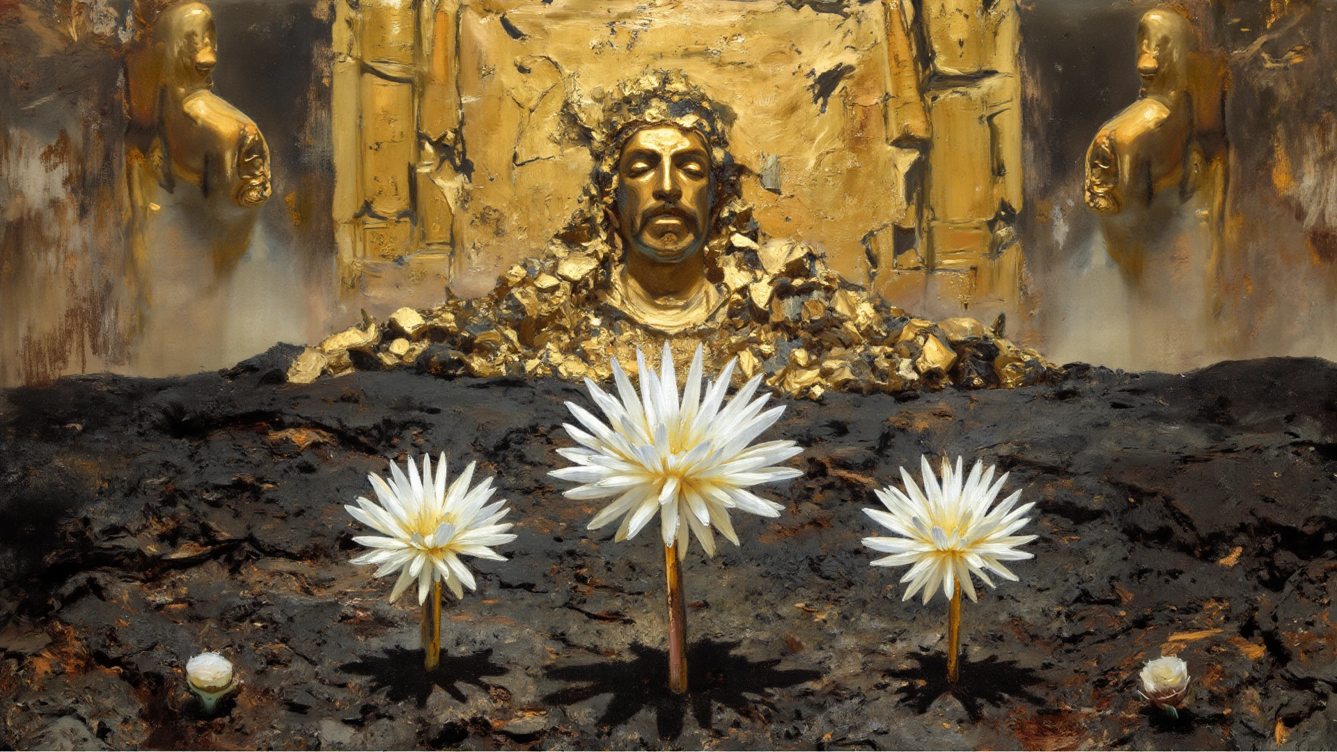 Create an image showing the rebirth of the sun god as a gold