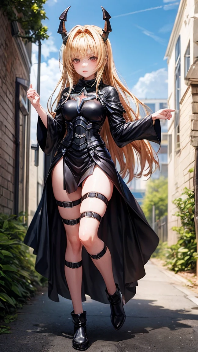 1girl, blond hair almost to the ground, one-piece black leather outfit with a translucent neckline and 4 straps along the front attached to a belt around the nec, short black loose dress, bare shoulders, black stockings ending before the end of the dress, black high heels, sleeves from elbow loose at the wrists, bow at waist level at the back, Brown eyes, standing in front of barrier with sea in the back