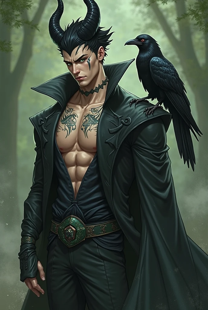 Dark background、A floating handsome tall man,He is 28 years old,Thin waist,The pectoral muscles are well developed, He is 175cm tall,Weight 62 kg、yellow-green eyes、brown hair color、short hair、Topless、,Wearing a transparent black gauze sheet ghost costume, Countless crows flying in the sky,underwear,Black feather,looking into camera,Evil smile,look up,