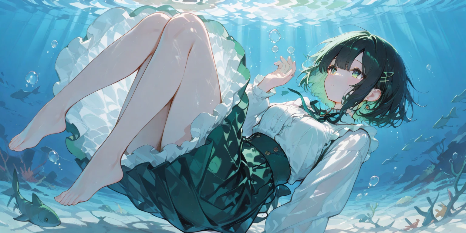 A young elf with long bright green hair, a shiny green sheer dress and white sheer tights sinks to the bottom of the water、Implicit panty shots、Jump into the water and dive to the bottom of the sea to float、Prone、sleepy、It's hard to breathe、agony、uneasy、exhaustion、hopelessness、Open your mouth and spit out foam、pointing it downwards、Rounded back、arched hips、Legs opened、profile、Full body view、bblurry、Many intense bubbles、dynamic ungle