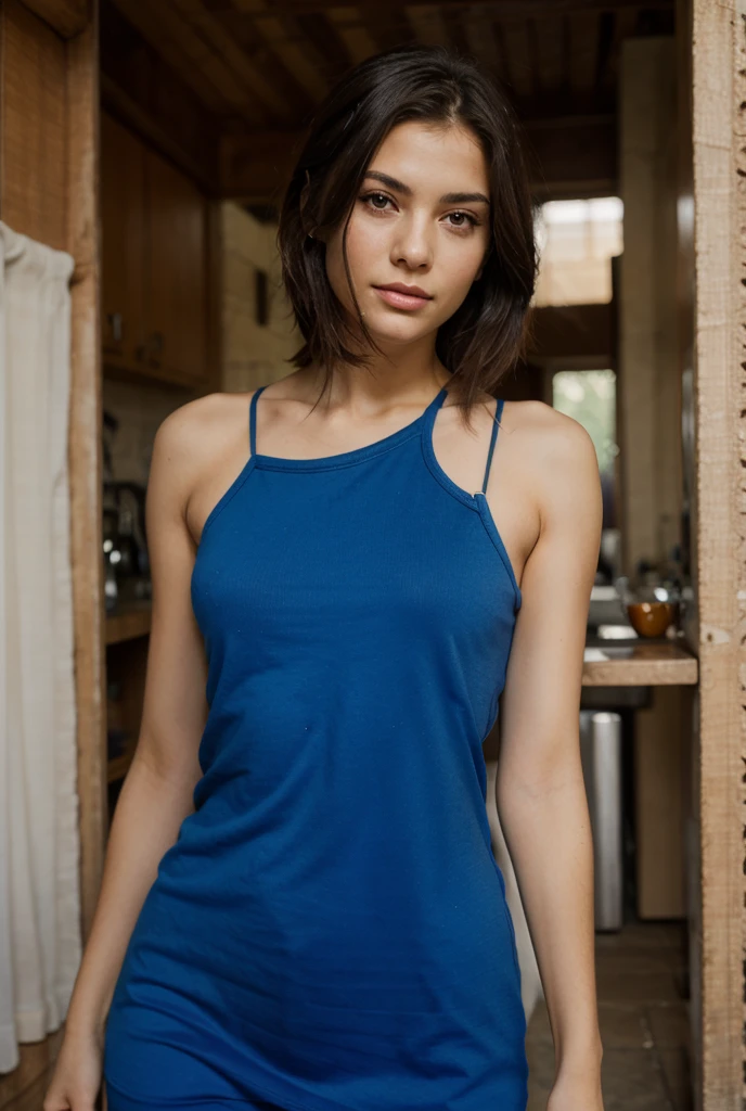 A 20 year old girl ((strong arms)) medium physical size ((short straight black hair down to the neck)) (( greeneyes)) is standing in a common living room with an angry expression looking down, is barefoot ((face perfect)) greeneyes