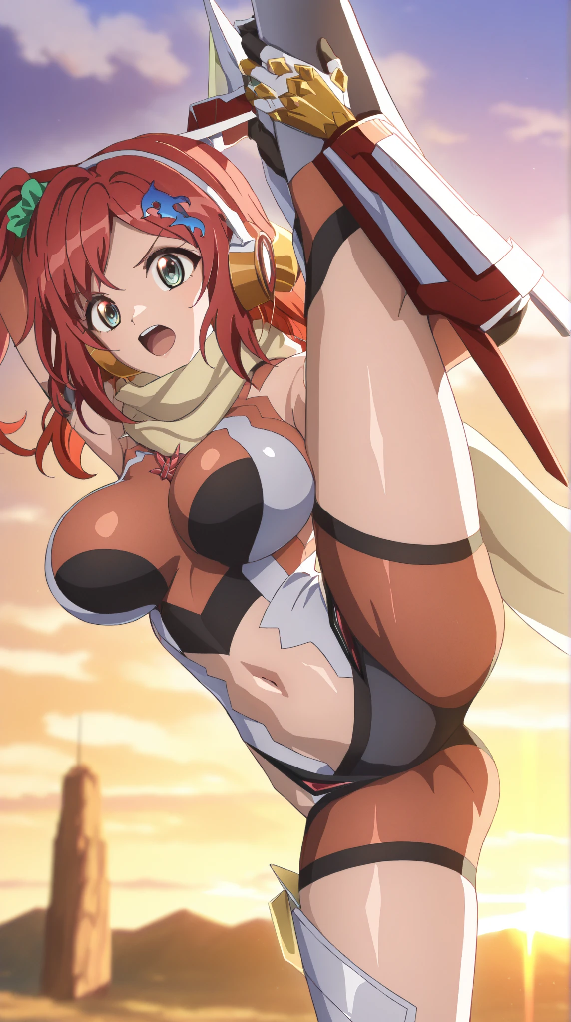 High resolution、masterpiece、One Girl、low length、Slender、bikini、Orange loincloth、DQ6 Barbara、High Ponytail、(((Very light white-beige skin,,,)))、Orange Hair、Bright lighting、Holding my knees、Floating in the air、Laughter、Plein Air