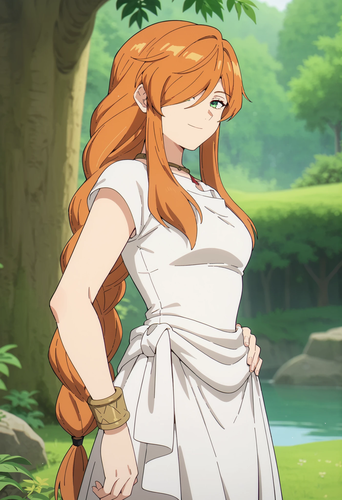 score_9, score_8_up, score_7_up,
FlammeSSnF,
1girl, solo, closed mouth, smile,
orange hair, long hair, green eyes, hair over one eye, long braid,
white dress, necklace, ancient greek clothes, short sleeves, long dress,
standing, looking at the viewer, from side, hand on hip
fantasy, medieval, photo background, forest, tree, moss, stream, stone, leaf, maple tree, grass, nature, blurry background