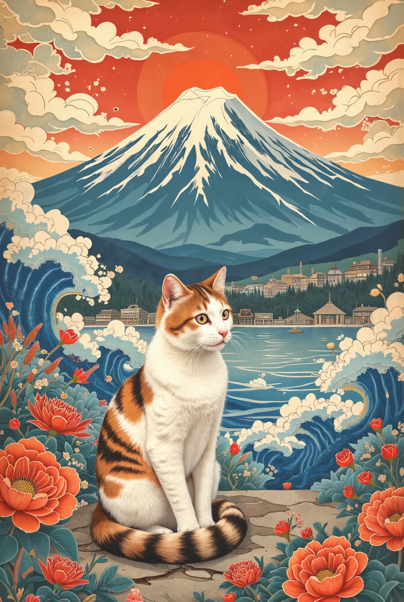 a traditional Japanese ukiyo-e style illustration of a cat sitting calmly in the foreground with Mount Fuji in the background, inspired by Hokusai's woodblock prints, delicate linework, flat vivid colors, stylized clouds and waves, harmonious composition, fine textures, Edo period aesthetic, paper texture, vertical composition suitable for a poster or puzzle, 4k resolution
