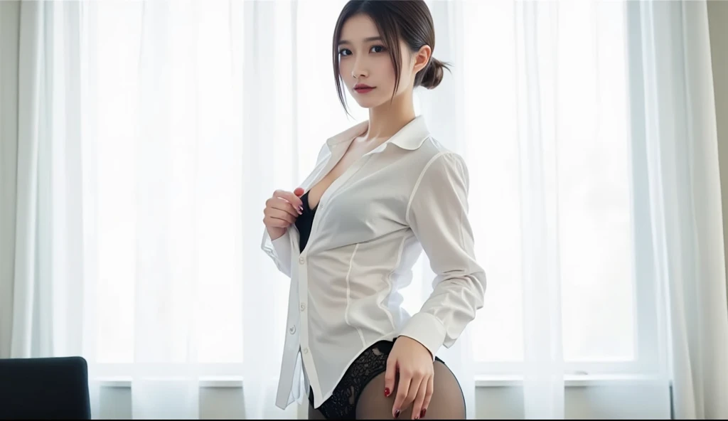 An office lady around 55 years old, (Elegant and well-proportioned body shape), (slip dress), (high heels), (bob hair), (garter stocking with anklet), (spread your legs), wince,(orgasm:1.5),waiting for tongue,(Delicate and elegant light makeup), Delicate and beautiful fair skin, Detailed facial description with double beautiful eyes, Gentle eyes that shine with youth and innocence, Expressing the amazing beauty of youth, Adorable Japan Woman, A beautiful portrait that captures her enchanting charm. (8k, highest quality, masterpiece: 1.2), (Realistic and photorealistic: 1.37), (to office