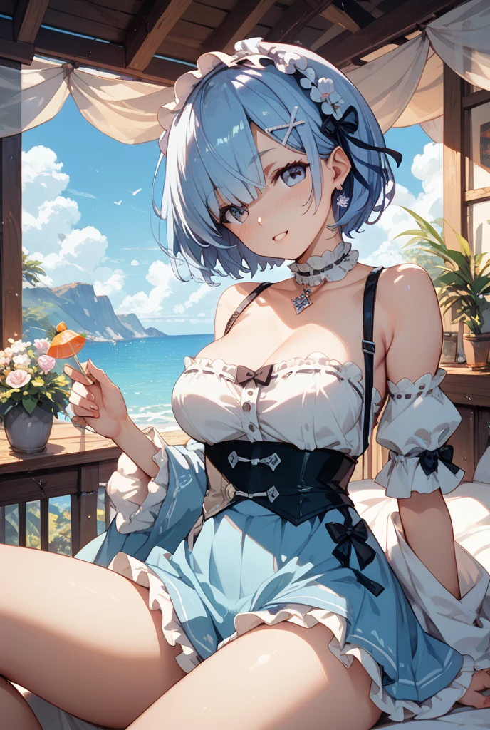 　High level image quality　best image quality　8K　 adult woman  beach  sunset　palm trees   whole body view　portrait　black bikini   　horn    ears  　short hair（（shortcut）（gray hair）（perm）（fluffy））　eye color is blue , pure classy pink sunglasses , 　attractive evil face , smile   ,  sexy pose   ,  labrynth ,  barearm    , wearing white shirt  ,  sitting   , crossed leg style in detailed  , view foot arc