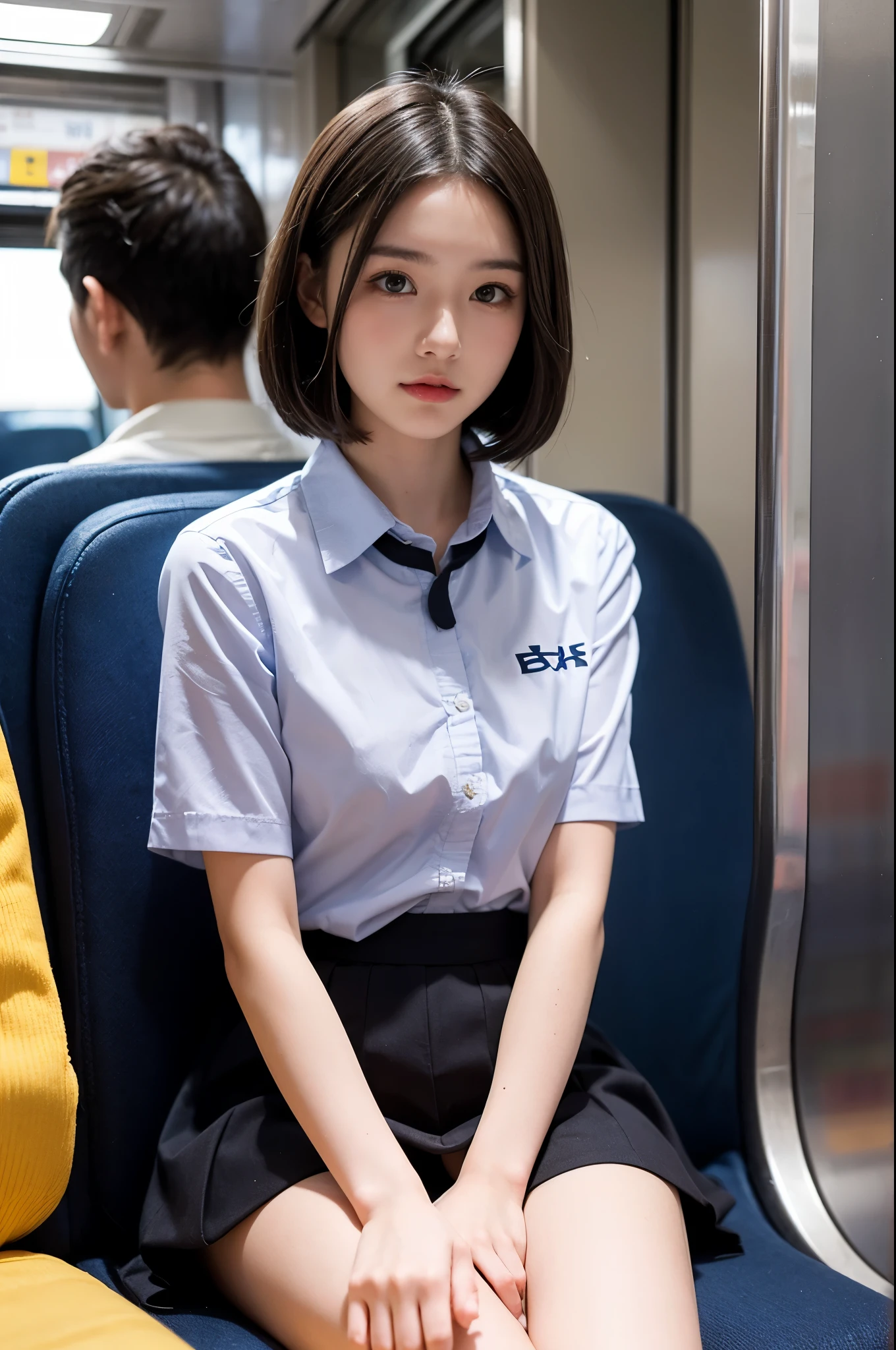 Highest quality, masterpiece, Ultra-high resolution, (reality: 1.4), Original photo, One Girl, mature, White JK Uniform, Smile, , Squatting on a train seat, Cinema Lighting