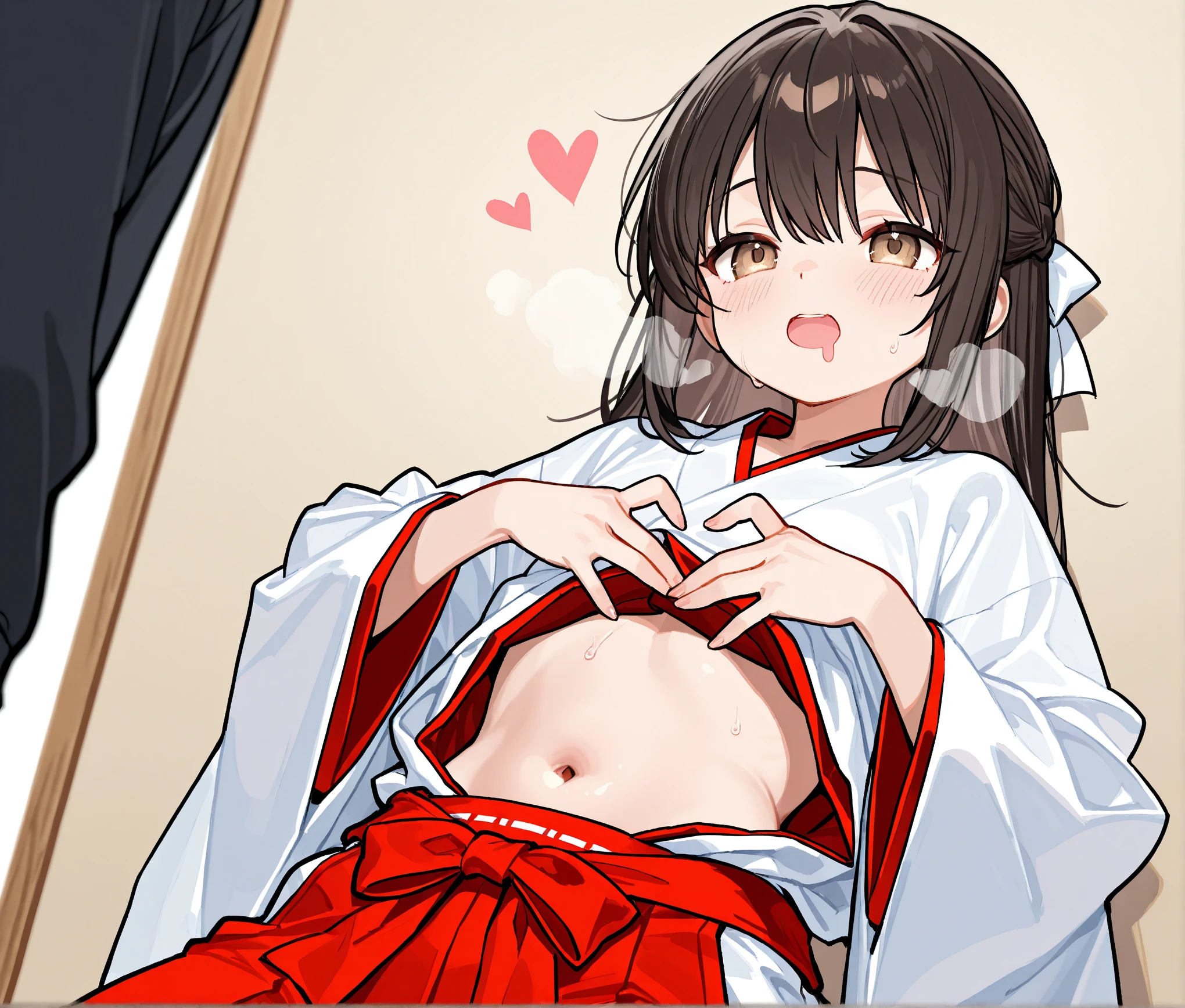 (small short figure girl, cute girl like a little sister aura:1.3), (leaning to viewer for a kiss:1.5), (detached sleeve, Married, Japanese bride, Wedding, wedding hakama skirt, yamato nadeshiko, 1girl, solo, outdoor, cute japanese model girl, very long hair, floral print, wedding hair ornament, wedding kimono, hakama, bangs, detailed long black hair, deep red rubby eyes:1.4), (masterpiece, best quality, HD Pictures, 4K:1.3), gentle look, gentle smile, gentle eyes, mature looking, pinkish cheeks, very detailed eyes, very detailed pupils, very detailed hair, furisode, flower head accessories, from front pov, detailed face, full body, look up to viewer, close up to forehead, (nsfw, horny, in heat, copulation, lewd, wants viewer warmth, armpits, collarbone, deep cleavage, bare shoulders, blushing red cheeks, lying position on the bed, legs up showing cameltoe, hands opened and lean to viewer, nipples peek, open arms welcoming hug:1.6)