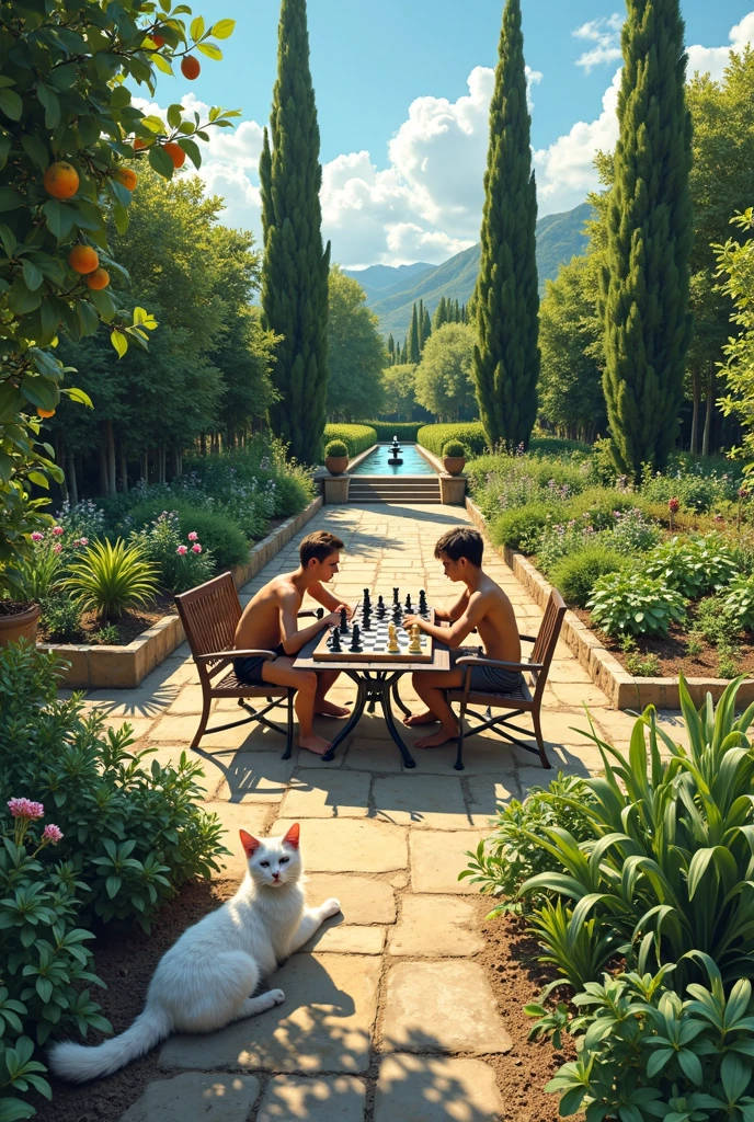 let the lion and the leopard be in the center of the foreground and the two of them sit in a chair each in the forest. önlərində bir stol və stolun üzərində şahmat oyunu var və ikisidə oynuyurlar.in the background, the rays of the sun fall on the chessboard.8K,UHD,HDR