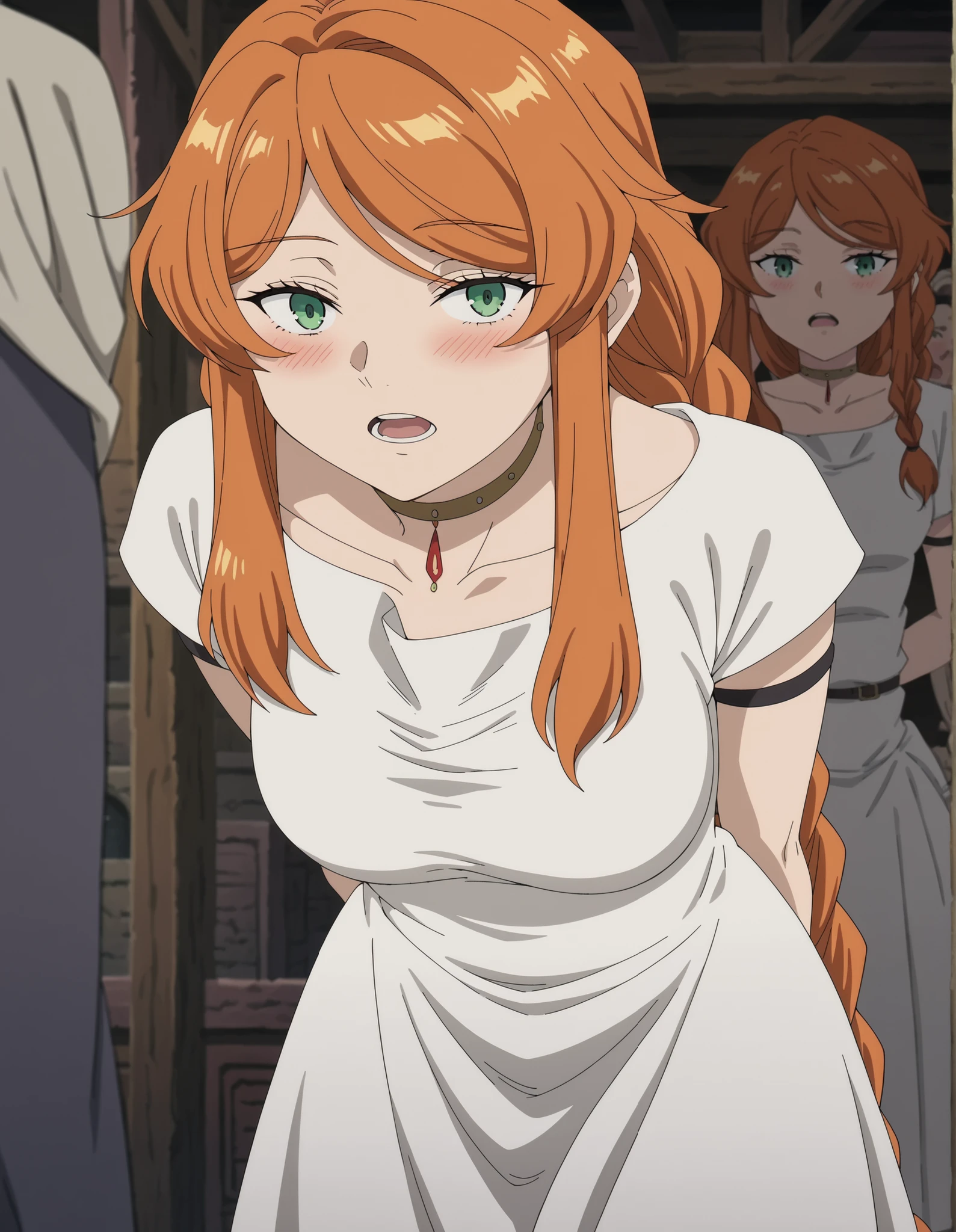 score_9, score_8_up, score_7_up, source_anime, flamme, long hair, green eyes, swept bangs, braid, orange hair, single braid, braided ponytail, medium breasts, anime screencap, dress, collarbone, choker, white dress, short sleeves,, bowling alley, lanes, pins, balls, fun, , hands behind back, bent over,, looking at viewer, solo,, dutch angle, cowboy shot, open mouth, blushing