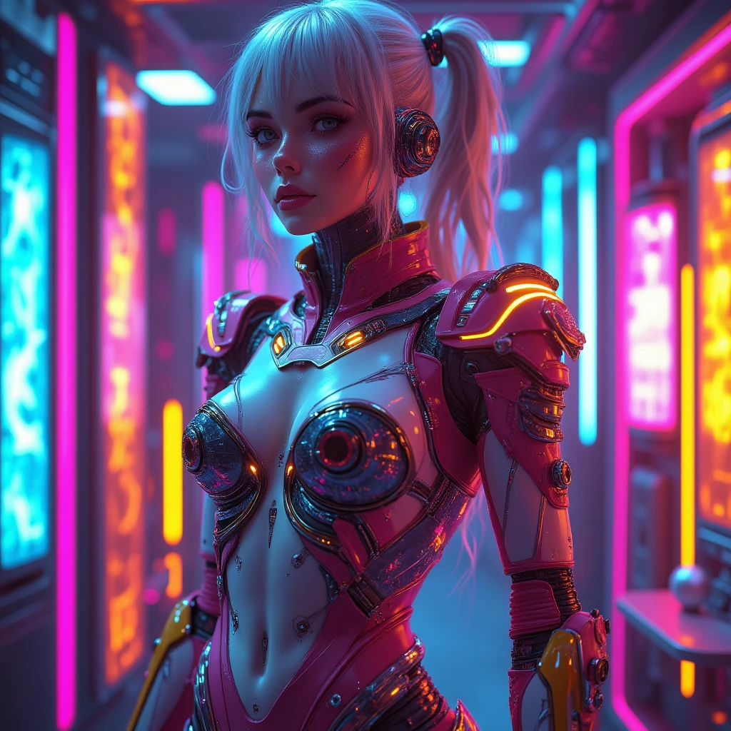 BOMBSHELL VALKYRIE, MATURE WOMAN, 30 YEARS OLD, ATHLETIC BODY, MUSCLES, HUGE LONG HAIR, BLONDE HAIR, ANGRY FACE EXPRESSION, nice ass, thigh high boots, 3 d neon art of a woman's body, neon-noir background, cyberpunk femme fatale, seductive cyberpunk dark fantasy, cyberpunk strip clubs, cyberpunk 20 y. o model girl, oppai cyberpunk, banner, high definition cgsociety, cgsociety masterpiece, trending on cgstation, kda, random hair, looking at camera, gigantic breasts, cleavage, (high detailed skin:1.2), 8k uhd, dslr, super lighting, high quality, film grain, high res, highly detailed, hyper realistic, beautiful face, beautiful body, beautiful eyes nose lips, alluring expression, very bold, upper  visible, full body photo, standing legs apart, pale translucent glowing skin, most beautiful face, cute, (well defined pubic hair:1.2)), (dark plain black background:1.4))