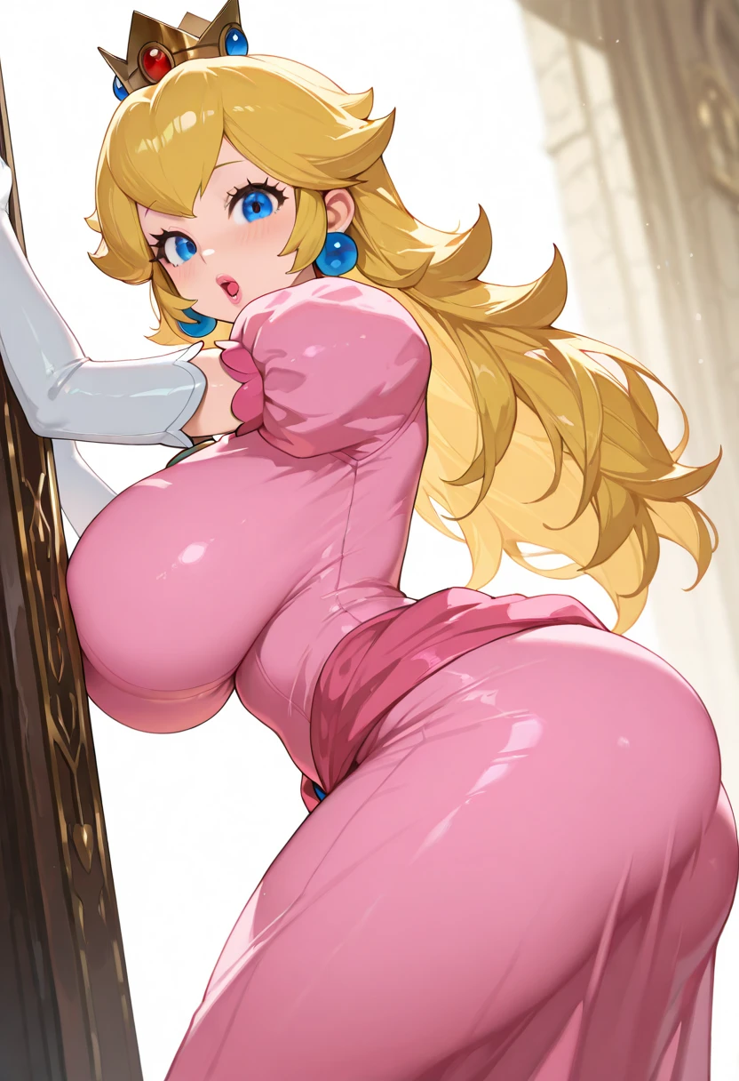 ((Princess peach from super mario bros series))(she has big glowing blue eyes)(bright red lips) (((long blonde straight hair)))(dark eyeshadows make up)((very huge breasts)) (perfect slim body) ((wear pink and white motorbiker leotard and long boots)), (crown) ((posing sexy in princess peach castle)) (masterpiece, high definition, volumetric lights and dinamic shadows)((masterpiece))(8k)(perfect face)(ultra details) (perfect hands, eyes, and face) (bats flying around)