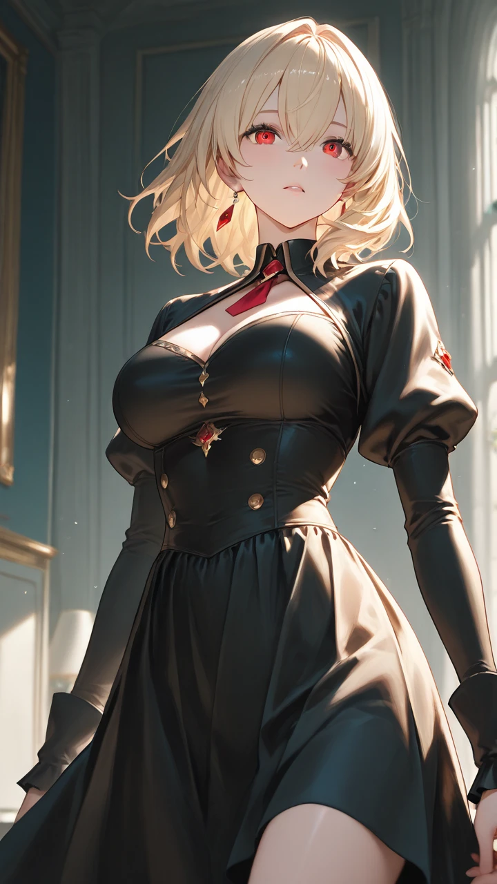 Himiko Toga, ,,(Alone),Himiko toga,(boku no hero academia),(short blonde hair with two messy pulps in her hair and yellow eyes with cat pupils),(Wearing),+,Wearing),+,(\A maid uniform with The apron is made of sheer, almost translucent black lace, which barely hides the maid's curvaceous body underneath. The front falls scandalously low, exposing the fullness of her breasts and most of her cleavage. Thin straps hold the apron in place, digging into your shoulders and drawing attention to your toned arms. Her corset is a slinky red number with built-in push-up cups that enhance her already impressive bust size. The corset has a deep V-neckline that disappears into the apron, emphasizing her ample cleavage. Thong-style laces crisscross her back, drawing attention to her narrow waist and the tantalizing hint of her ass. Her miniskirt is made from the same sheer lace as her apron, ending at mid-thigh to give a full view of her toned legs and the red garter belt wrapped around them. The garter belt supports fishnet stockings that ride up mid-thigh, adding a touch of fetish to the overall look. On her feet, she wears stiletto heels with ankle straps, enhancing her seductive and leggy appearance. Her hair is styled in loose, tousled waves, framing her face and drawing attention to her full lips, painted a bold crimson red. To complete the look, she uses a white duster as a prop, using it to tease and caress her own body in suggestive ways. The overall effect is one of unabashed, unapologetic sexuality packaged in a classic maid uniform that has become entirely explicit and provocative.)/,+,(\Facing the front of the fourth wall looking at the fourth wall:1.5)/