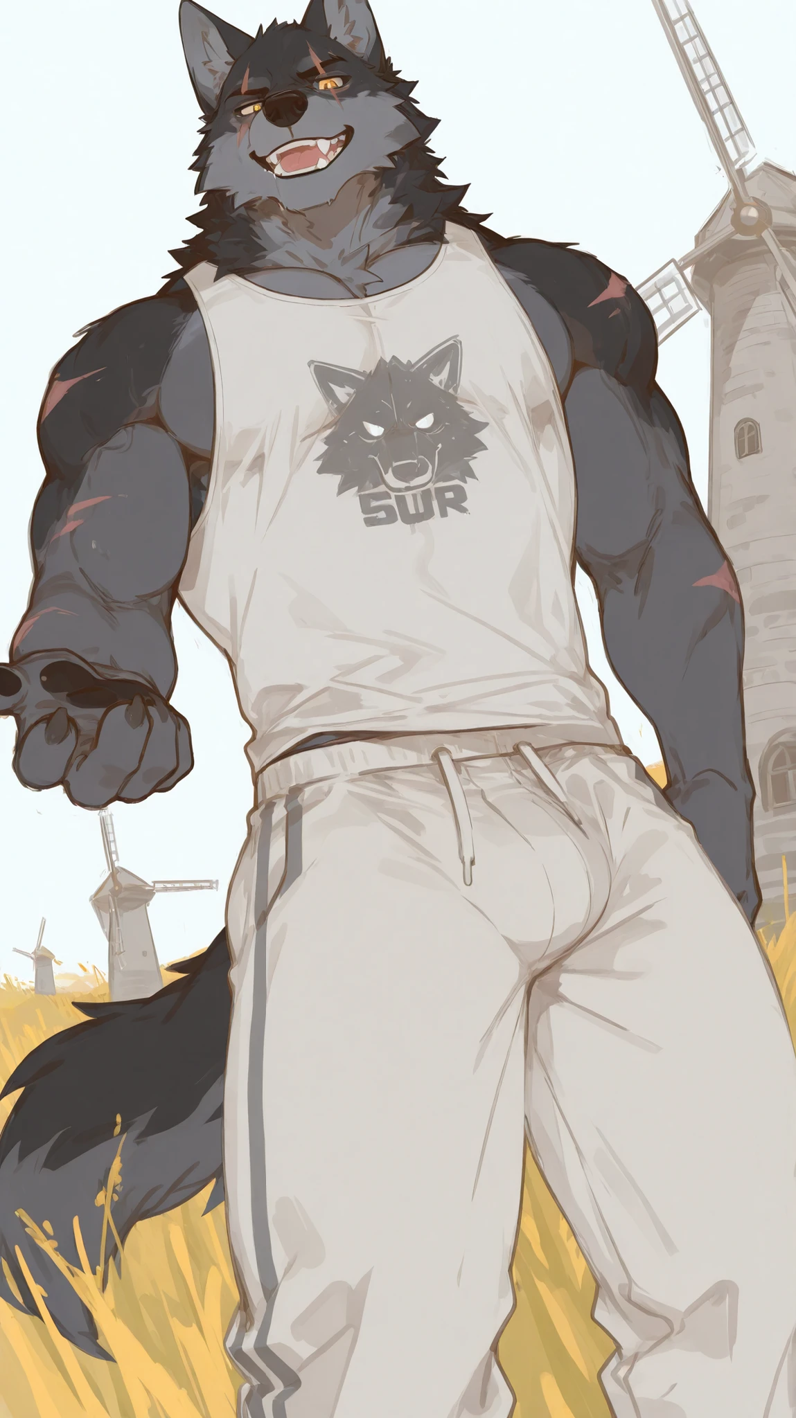 furlong, muscular male, bara, orange eyes, wolf tail, black fur, (pose:1.3), (posing:1.3), (soft shading), 4k, hi res, five fingers, detailed hands, ((detailed face, (detailed eyes:1.0), detailed)), (full body), by zackarry911, by zaush, (by personalami:0.5), solo, looking at viewer, blush, 1boy, ass, male focus, thighs, looking back, from behind, feet out of frame, bottomless, thick thighs, tank top, ass focus, white tank top, flaming eye, flexing, red fire hair,POV
