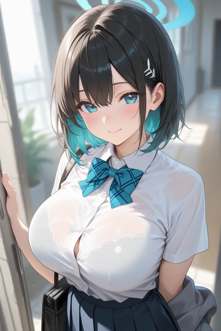 (masutepiece, extremely detailed 8k CG, sharp line:1.2), 1人の女性, 32years old, beautiful countenance, Colorful, beautiful japanese anime style big eyes, Light brown short hair, ((High School Uniform)), Navy blue pleated skirt, (Blue tie), Blue eyes, wet and see through, (shirt wet and snugly attached to the body:1.5), hard nipple erect:1.4,  through, Looking at Viewer, thin waist, perfect glossy skin, Shy smile, (medium breasts), Upper body, From below, Cameltoe:1.3, white thong t back panties, Skirt lift:1.2, (thong panties cut very deep into cameltoe), (Thong-shaped panties are cut deep), City Street, cloud, walls, leaning, perfectly proportions:1.2, Legs open: 1.2, (The shape of the is clearly visible:1.3), (erect nipple shape clearly visible:1.3), Plump body