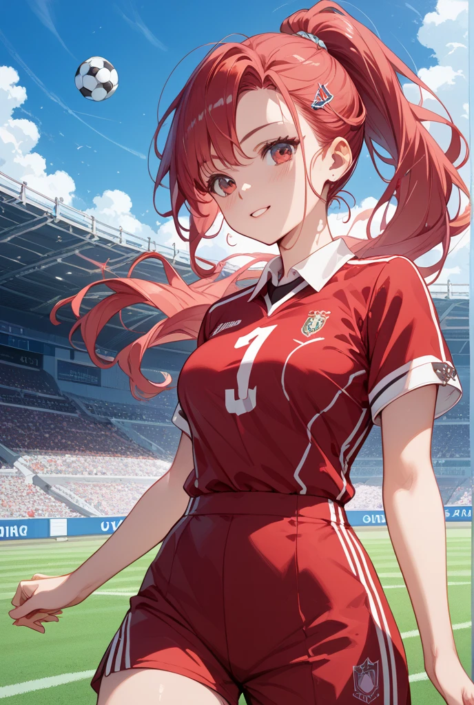 anime women's soccer、1 female player、lift with your head on the spot、place the ball on your forehead、Looking at the ball、watching the ball、 breaks natural pink lips 、kind eyes、dark haired、ponytail、arms down 、put it on your body up to your elbow、Open your arms、red soccer t-shirt、shorts、shortsは白い地でサイドに紺の2本ライン、pink spikes、school、Dirt playground、soccer ground、Highest image quality、8th life、Small head、small face
