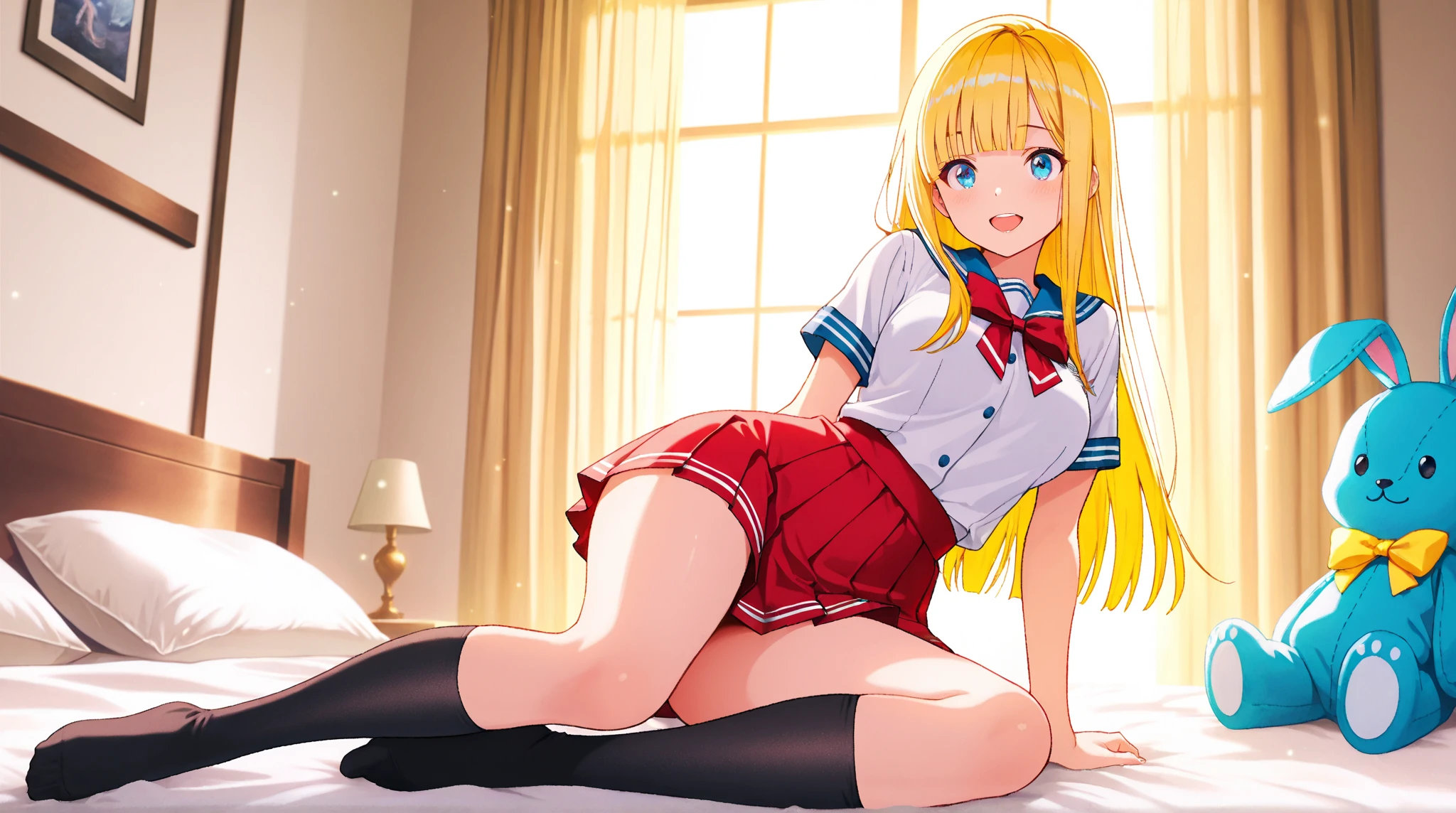 Beautiful long blonde hair on the bed high school girl mini skirt pleated skirt white panties shyness Watery eye blue eyes small tits Low - Angle stick out your butt and lie down Ahoge