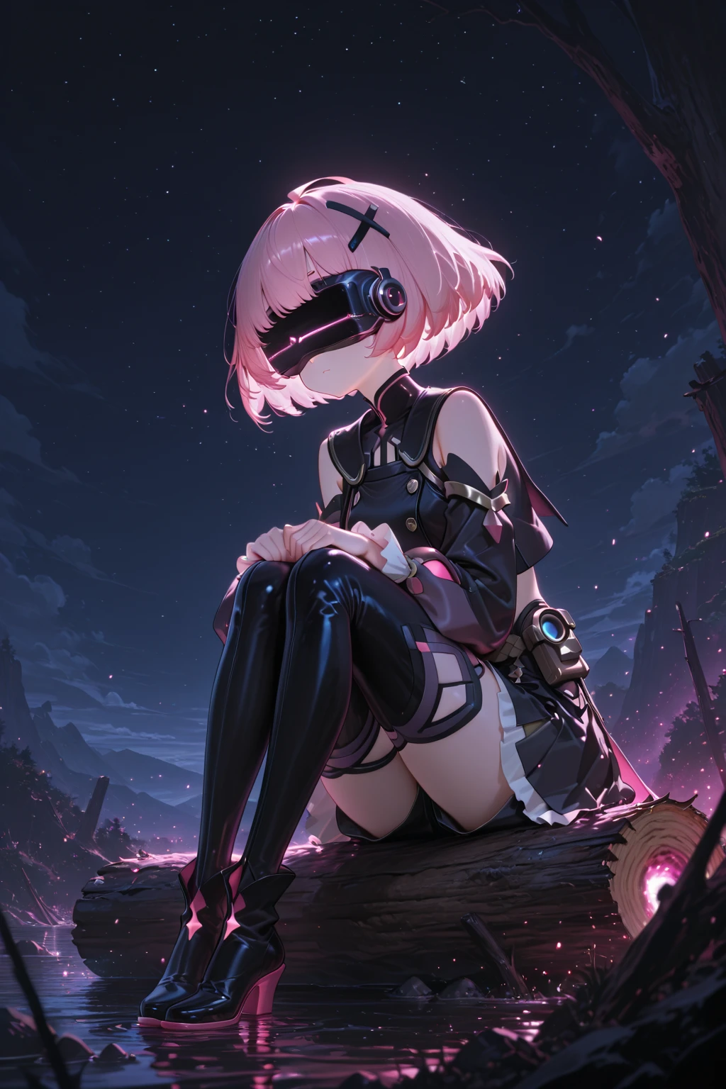 ((masterpiece, best quality, high resolution, UHD, pixel perfect, depth of field, 8k, RTX, HDR)), BREAK, 1girl, single, alone, beautiful anime girl, beautiful art style, anime character,
 ((style of Akame Ga Kill!)),((long hair, pink hair)), (purple:1.4, round eyes, beautiful eyelashes, realistic eyes), big chest 1.5, with cleavage, black bra, blushing, face and arms with stains of dirt and dust,
BREAK, wears a pink miniskirt she have ears of bunny  on her head, nipples, cleveage, BREAK, lying on the ground with a broken katana and covered in blood, with cloudy sky and lightning from the sky, surrounded by rubble and fire flames around.