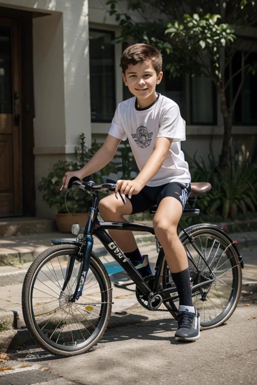 A boy is standing in on the bike R15, the boy is wearing a t-shirt the boy's name is written on the t-shirt RASEL