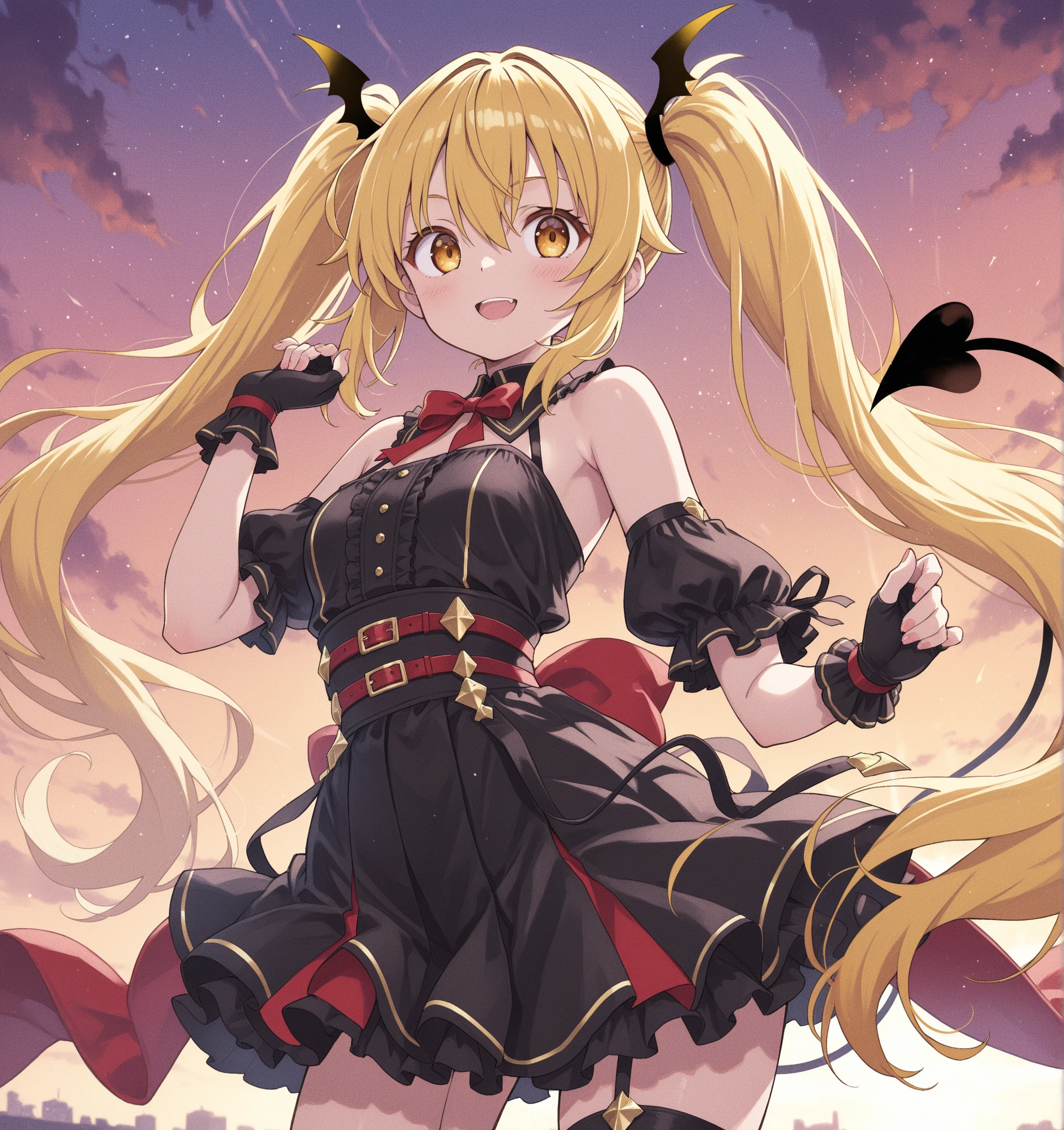 1girl in, Solo, masutepiece, nffsw、Shaders、Brilliant Textured Work、(NSFW:0.8)、(magical little girl:1.3)、(Black skin:1.2)、(Evil Fall:1.4)、Yellow hair、shorth hair、(Black Magical Girl Suit:1.3)、(Thin miniskirt:1.3)、(Tiger ears:1.2)、very large breast、Navel、cleavage of the breast、Looking here、sharp eye、(Eyes of birds of prey:1.3)、grinning evily、thin-waist、Skinny Legs、hiquality、Flabby socks、Black boots、Standing picture、hands on hip、No one around、Chain collar、From below、pantie shot、Striped underwear、