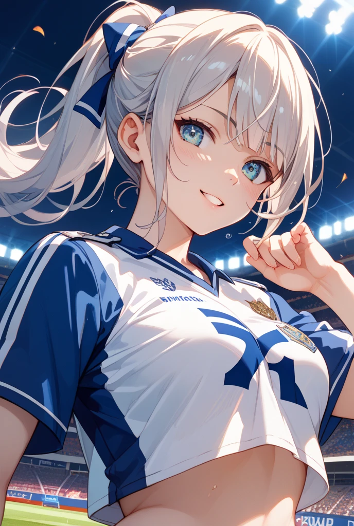 anime women's soccer、1 female player、lift with your head on the spot、place the ball on your forehead、Looking at the ball、watching the ball、 breaks natural pink lips 、kind eyes、dark haired、ponytail、arms down 、put it on your body up to your elbow、Open your arms、red soccer t-shirt、shorts、shortsは白い地でサイドに紺の2本ライン、pink spikes、school、Dirt playground、soccer ground、Highest image quality、8th life、Small head、small face