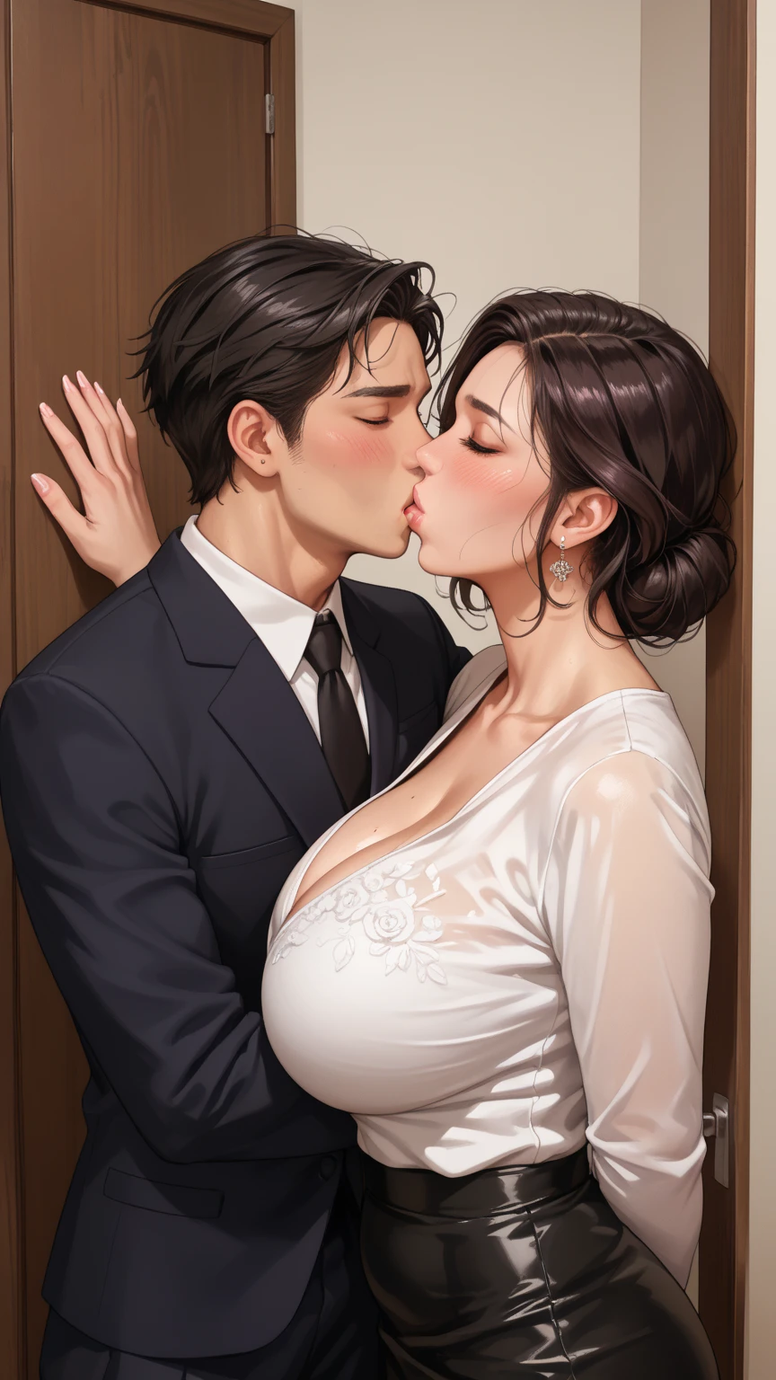(1woman lady having french kiss with old man in suit in cabin, mature,wavy blunt silky hair , thin silk grey full sleeve blouse and fashion saree stripes and beautiful design, big long bell jhumka earrings, detailed alluring eyes, smooth detailed lips, beautiful face, smiling, navel, bangles, saggy breasts, photorealistic, 8k, hyperdetailed, vibrant colors, studio lighting, masterpiece, cinematic composition, dramatic lighting, intricate details, highly realistic skin textures, volumetric lighting, beautiful intricate jewelry, warm color palette, natural lighting, elegant pose, beautiful detailed expression, hyper realistic rendering, seamless blending, flawless skin, glowing skin, delicate features, breathtaking realism, striking composition),tall , necklace, bangles ,navel,full body view