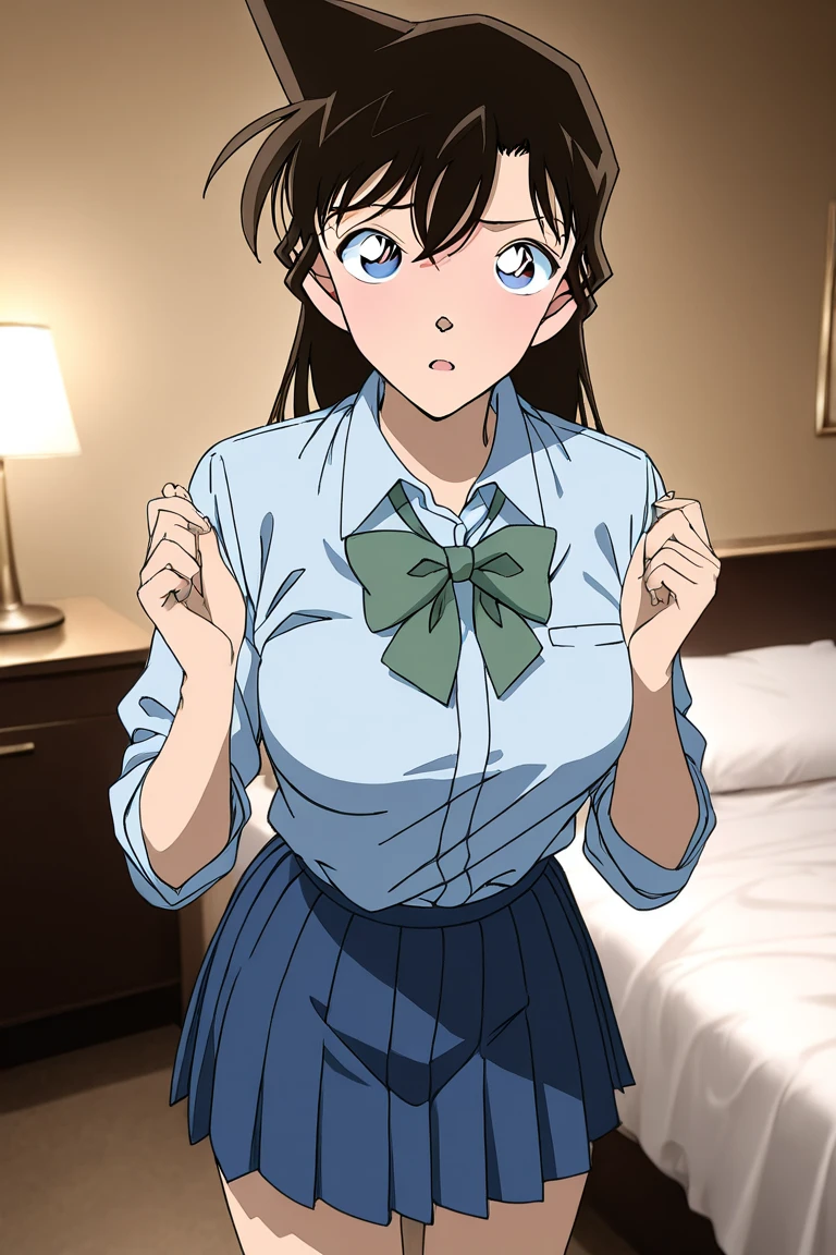 Sexy woman, seductive gaze, parted lips, white shirt, blue tie and skirt, kneeling down on bed, tying her hair in a bun, night time, candles lit