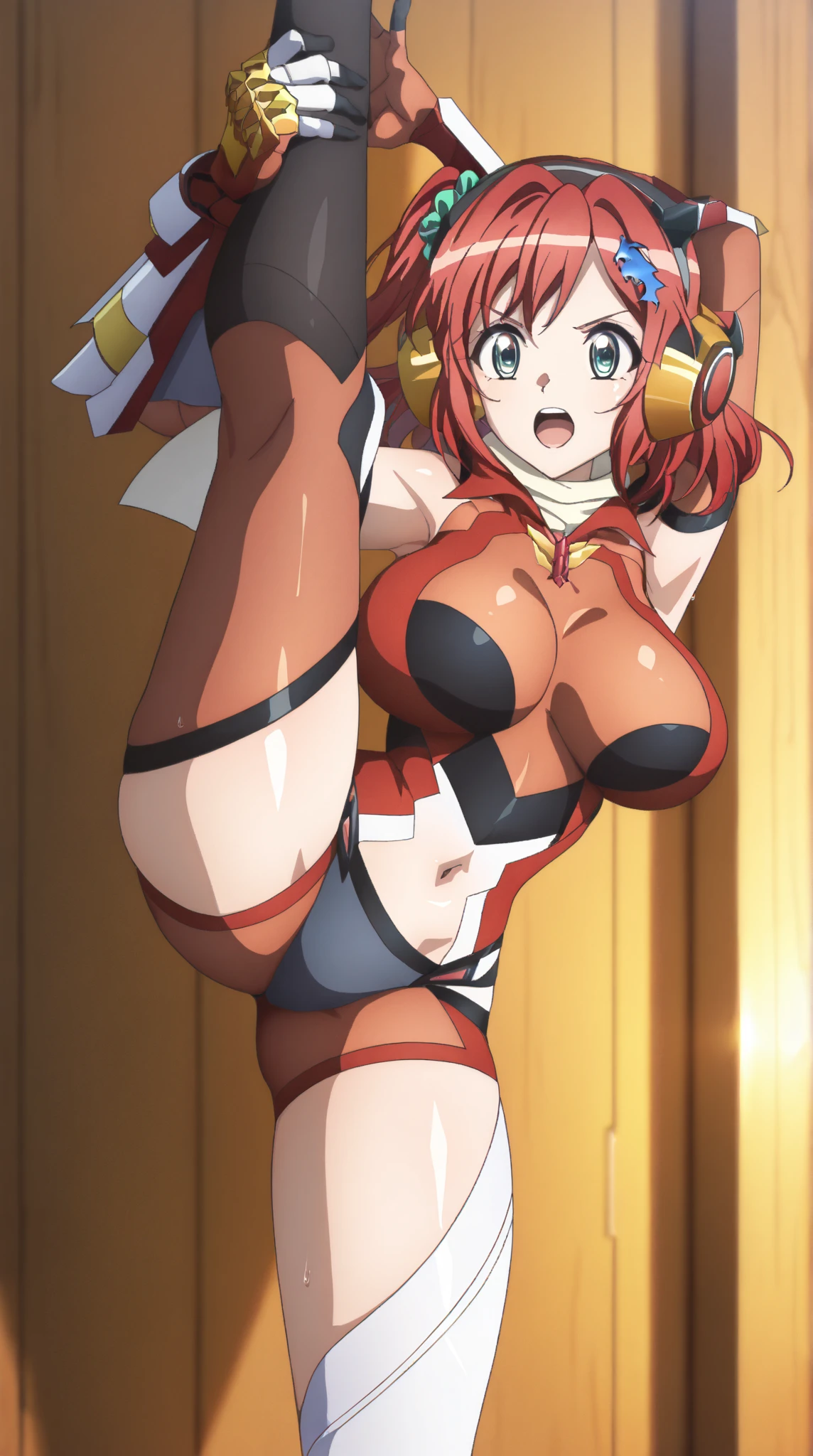 ((Masterpiece, top quality, high resolution)), ((highly detailed CG unified 8K wallpaper)), (huge stunning goddess shot, very hot and sexy, jaw-dropping beauty, perfect proportions, beautiful body, slim body beauty:1.1), 1 woman, anime girl, cutie honey, ((Red hair, short hair repelled to the outside, big eyes, Detailed face and eyes, staring at camera:1.3)), ((Blue and red tight suits, Detailed latex suit, glossy, blue tops, Red from belly to legs, Detailed, midrift top, cleavage cutout, cleavage, skin tight, halter neck, sleeveless, bare shoulders, bare back, covered navel, choker with heart symbol, yellow gloves, elbow gloves, yellow boots, long boots, armlet:1.5)), the cloth is exploding, hands on hips, feet spread apart, smile, Dynamic poses, exploding backgrounds,