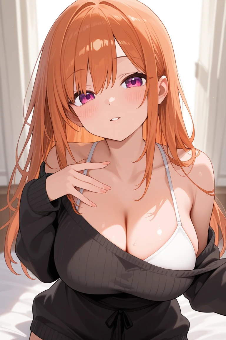 kelolinde,1girl,jewelry,breasts,skirt,solo,shirt,pencil skirt,black skirt,bra,cleavage,pantyhose,necklace,looking at viewer,holding,black bra,long hair,orange hair, purple color eyes, detail face, detail hair, detail eyes,unfriendly face,delicate image