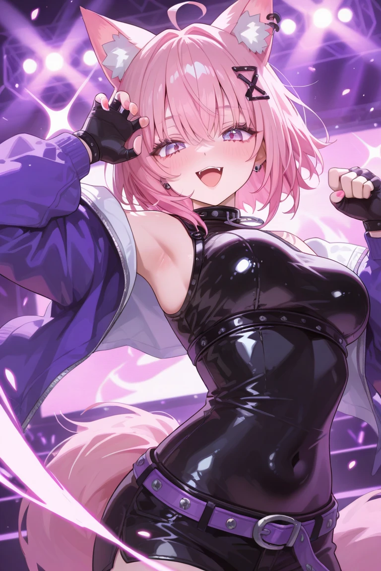ashido mina,pink skin,yellow eyes,black sclera,horns,pink hair,huge naked breasts,naked wet pussy,illustration,detailed features,highres,ultra-detailed,photorealistic,anime style,vibrant colors,soft lighting