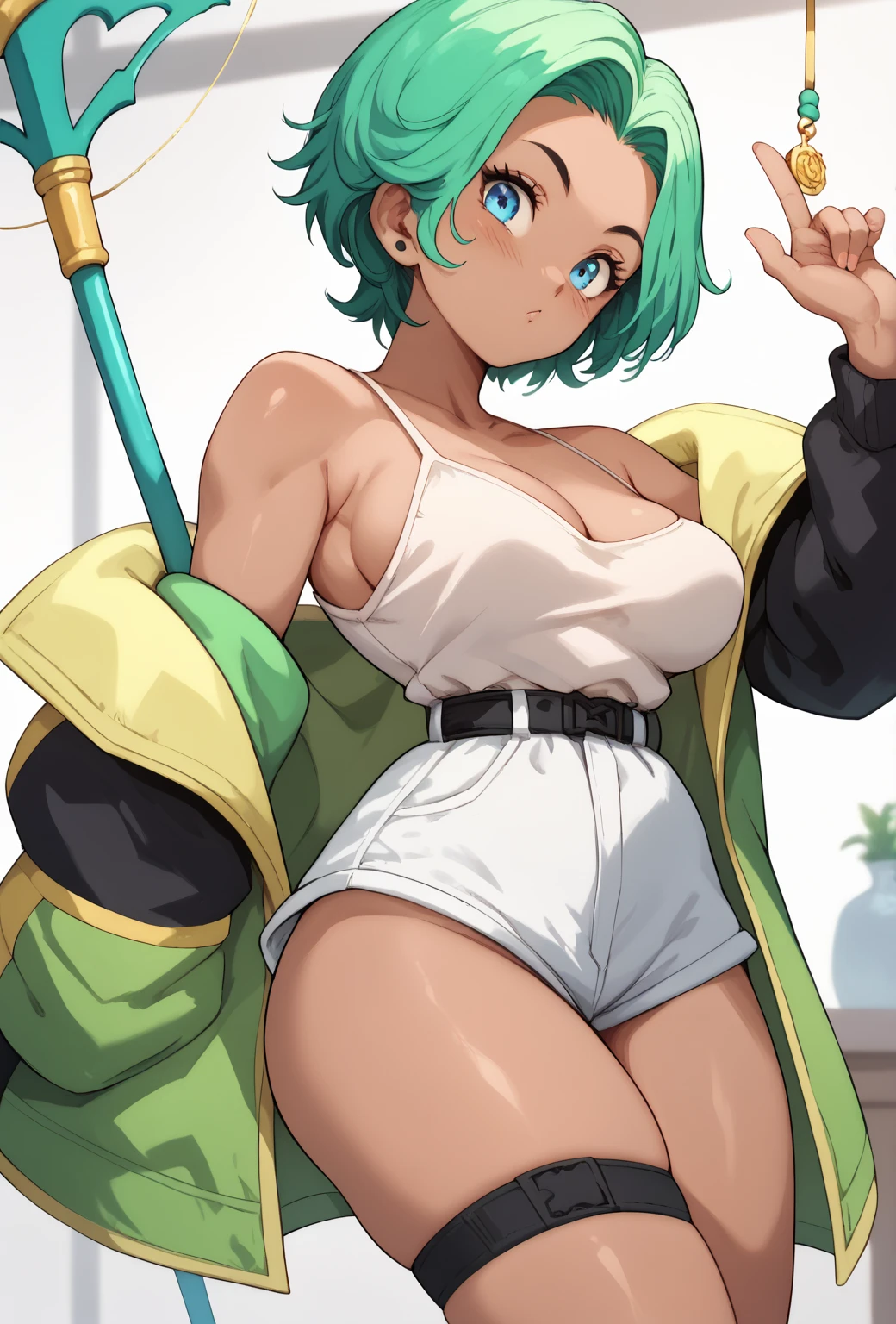 (solo:1.1),(masterpiece), (best quality:1.3), ultra detailed, intricate, professional art, digital art, absurdres, emerald sustrai, short hair, (red eyes:1.5), green hair, dark skin, dark-skinned female, futanari, navel, cleavage, midriff, belt, cleavage cutout, chaps, male genitalia, genitalia outline, crotch bulge, testicle bulge, large penis bulge, indoors, smirk, wide hips, nipple bulge, emerald sustrai standing with hips forward, (from_bellow:1.5),