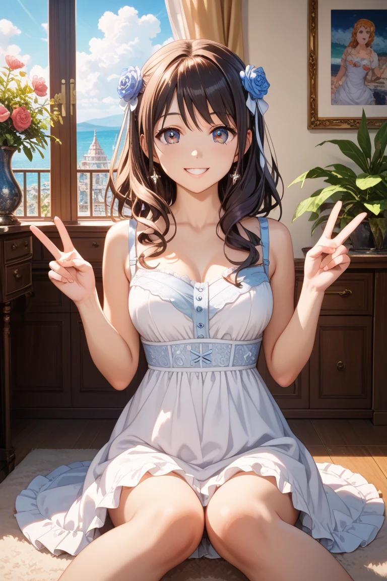 masterpiece, highest quality, One Girl, Thighs, beautiful girl, Flowers, たくさんの小さなflower, flower、Small waist, RAWphotograph,Bright lighting、Face Light, Ultra-realistic, High resolution, photograph, Sharp focus, Highly detailed eyes and face,Symmetrical face, whole body、Large Breasts、Long Hair、チラリと見えるThighs、Emphasized cleavage、Her hair was tied with a big red ribbon.、White high heels、White knit、race、White micro mini skirt、Embarrassed、smile、Happy smile、Leaning forward、Peek into