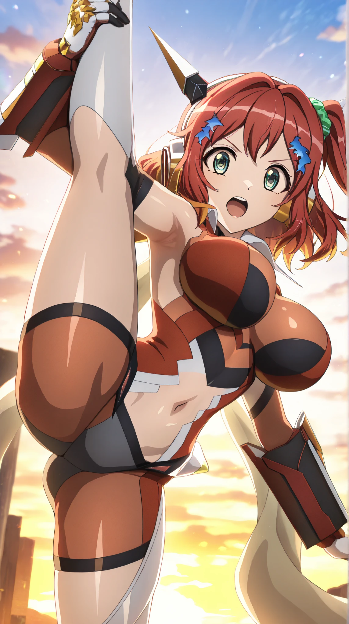android, beautiful robot makes hard masturbation, she gets orgasms. Her short pigtails, brown hair, Hair tie with two big red clothespins, big smile, brown hair, middle age, joint seam, blue eyes, full body figure, Height: 160cm, She wears only Light beige micro mini pantie, fluttering skirt, skirt folds, white retro swimwear, Uplifting, 2020s anime style, 21thcentury japan animation, show White pantie, strong wind is blowing.