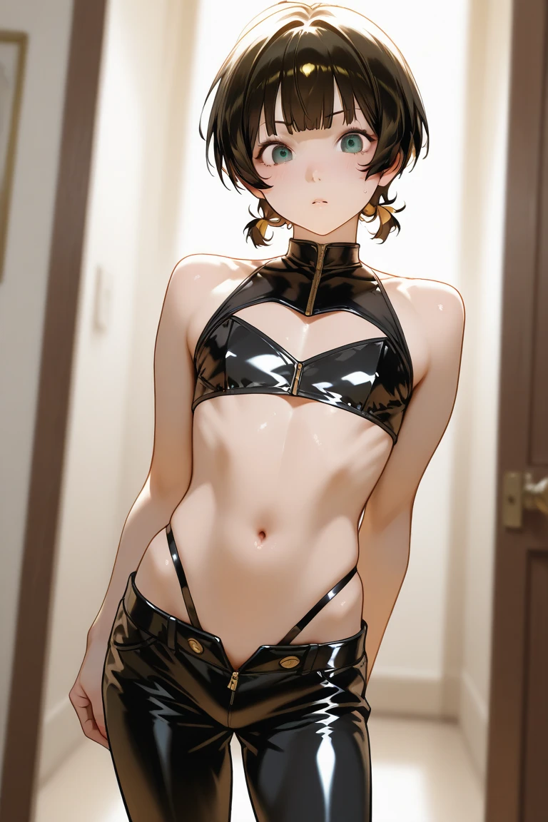 1 light skinned solo femboy boy, extremely short black hair and some pubic hair, completely naked and excited looking towards the camera with a face of lust. Good view of the genitals.