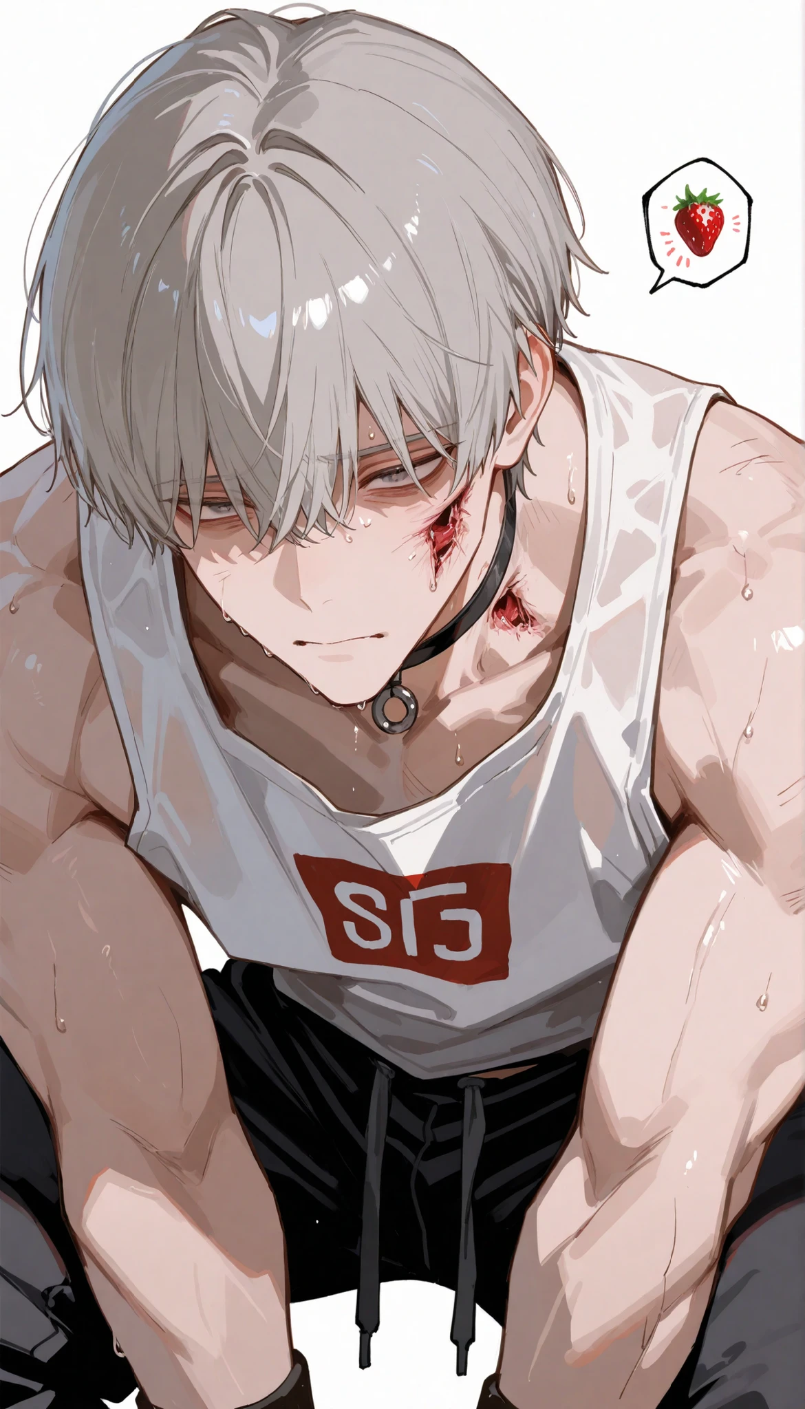 Pale skinned woman with burn scars on her left arm and below her left eye with silver hair, small tits, big hips and silver colored eyes. covered in a dirty rag, a tired face that looks like he is about to lose consciousness and a chained slave being rescued by a man dressed in a sleeveless jacket and a white long sleeve shirt